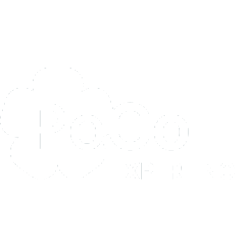 Po Co Experience logo with a cloud-shaped background and white text on a black background.