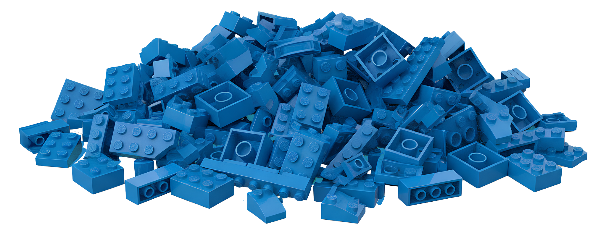 A large pile of blue LEGO bricks scattered on a surface.