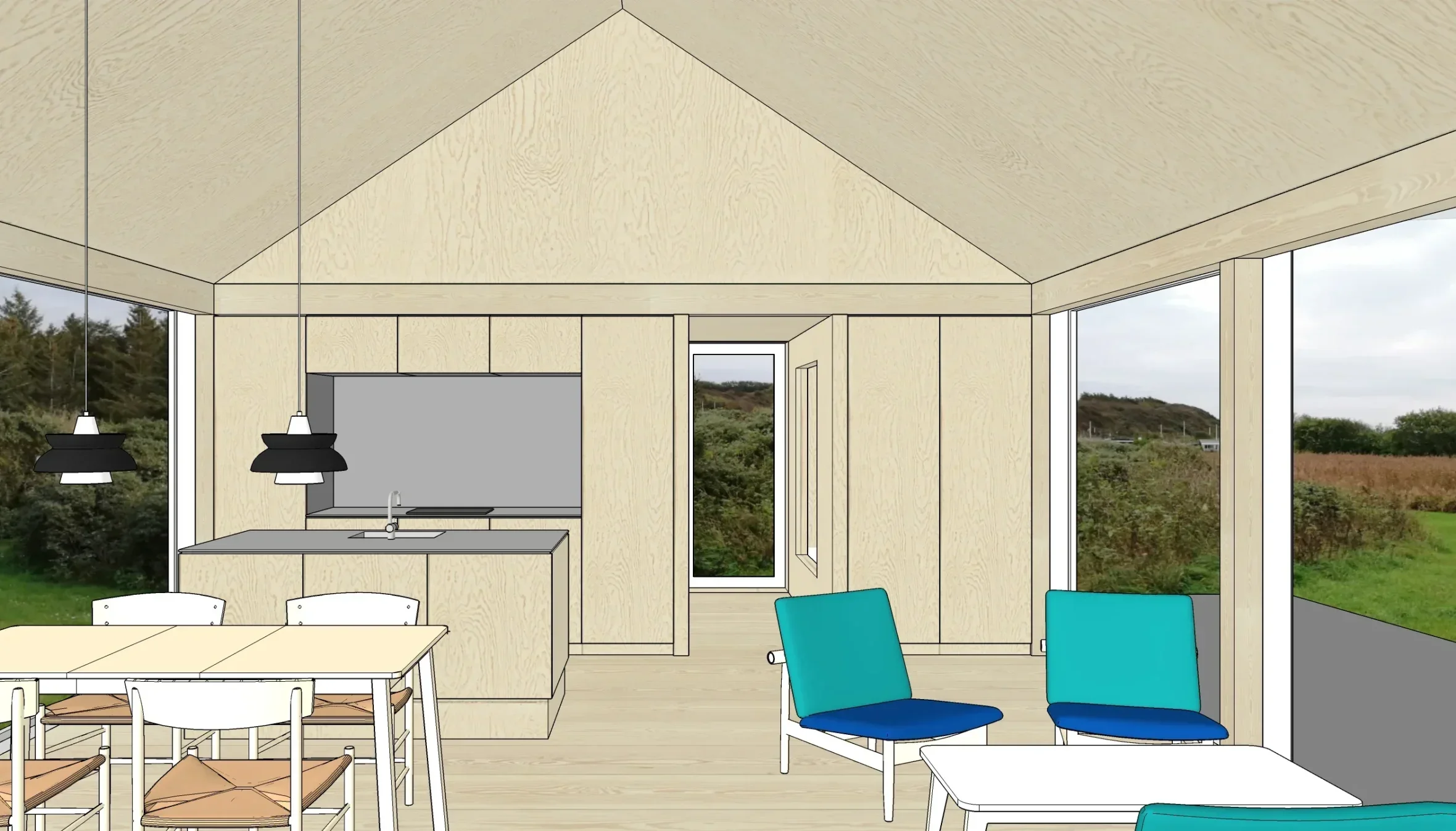 Indretning af et moderne åbent køkken og stue med store vinduer til udsigt over landskabet.