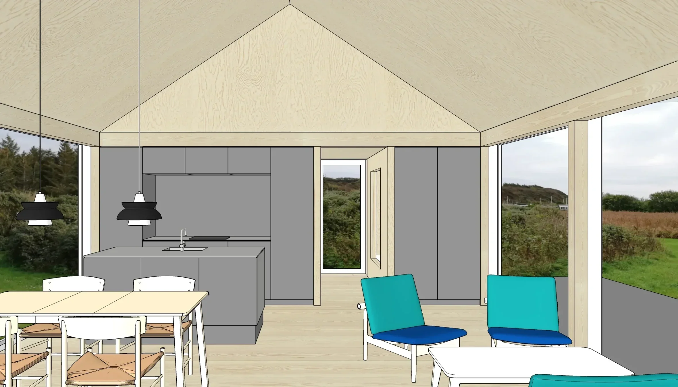 Illustration af et moderne, lyst opholds- og køkkenområde med store vinduer mod naturen, spiseborde, stole og to blå lænestole.