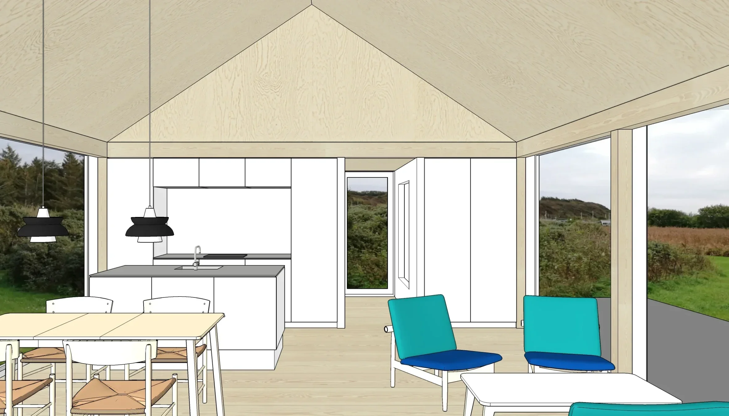 Indendørs illustrer med køkken, spisebord og stue med store vinduer ud til grøn natur.