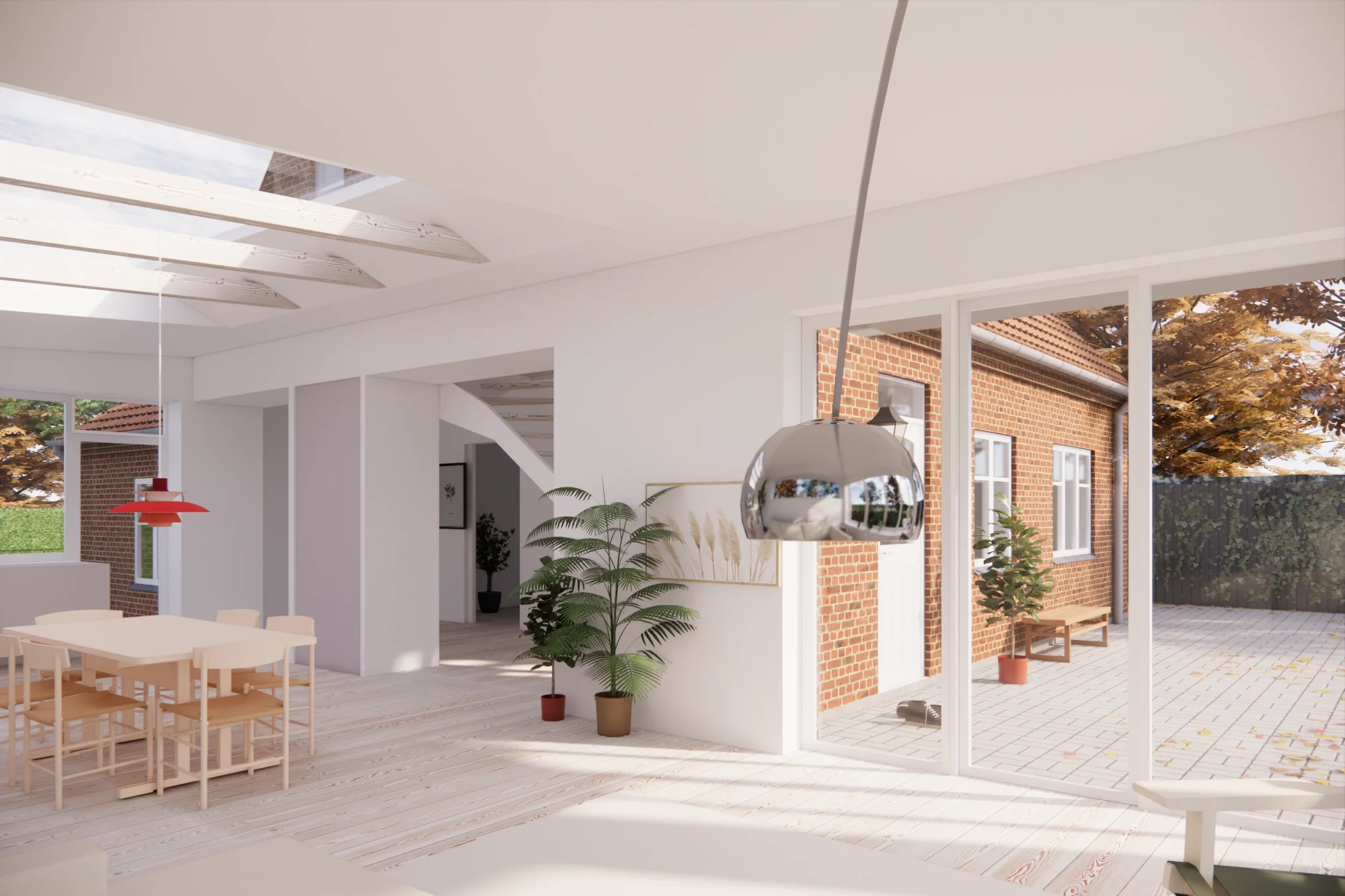 Indendørs stue med spisestuebord, lys træmøbler, store vinduer, og et udendørs terrasseområde med potted grønt og træer