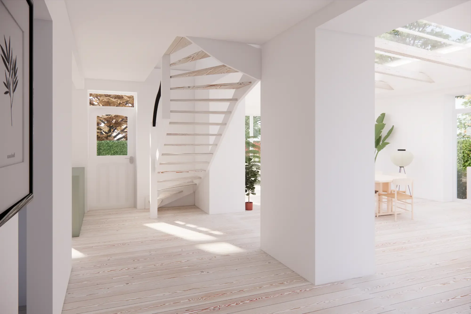 Et lyst og minimalistisk indendørs område med hvidt interiør, trappe og store vinduer, der giver naturligt lys.