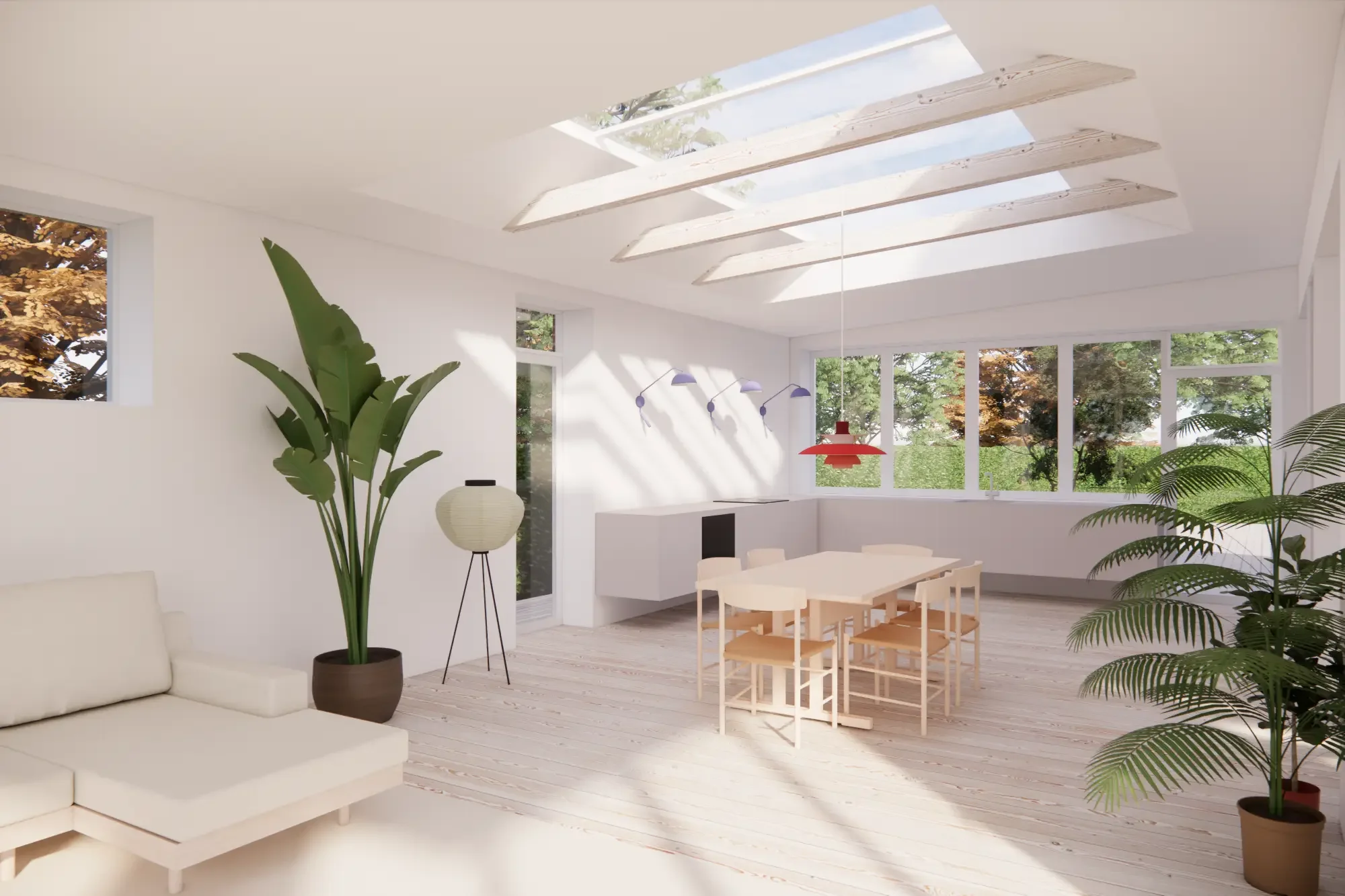 En lys stue med store vinduer, træ-lysetræsgulve, klædes af med planter, sofa, spisebord med otte stole, en væg med moderne lyse væglamper, og et tagvindue, der tillader naturligt lys at strømme ind.