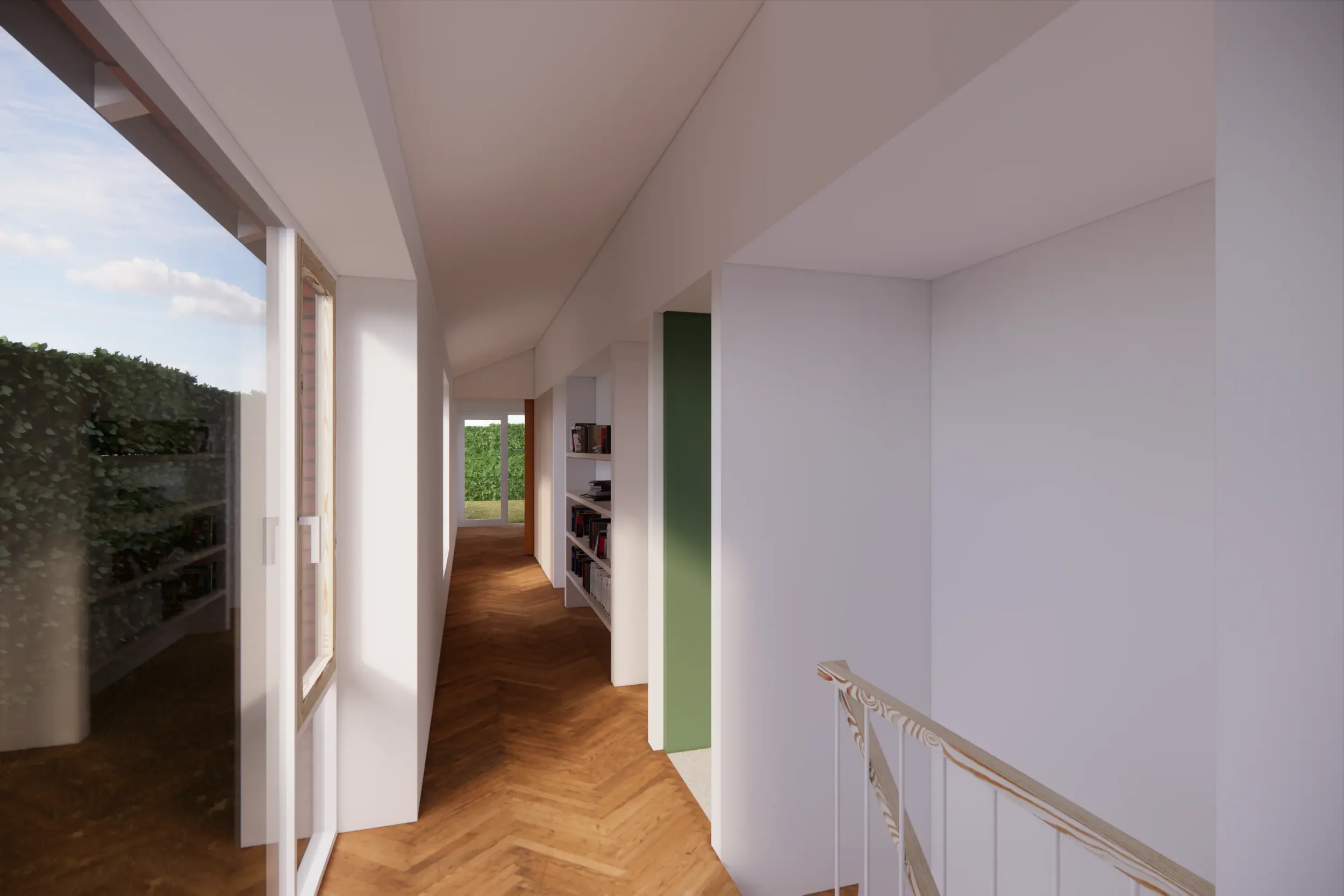 Indendørs billede af en hvid gang med trægulv, vinduer til venstre og en bhjælpebord med bøger til højre, med en glasdør bagud, der fører ud til en have.