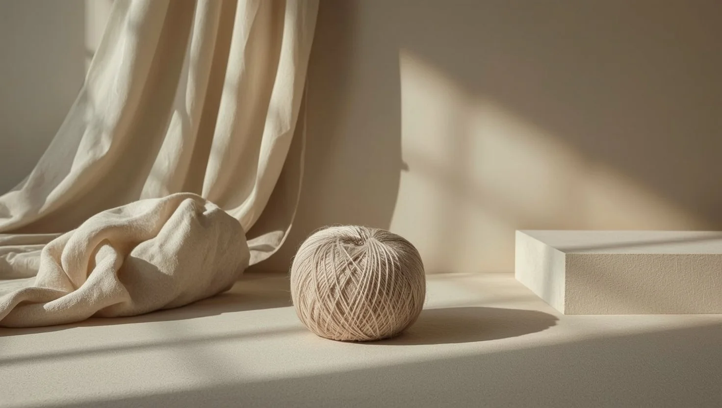 A beige ball of yarn on a white surface with a soft beige fabric and a cream-colored shelf nearby, illuminated by natural light.