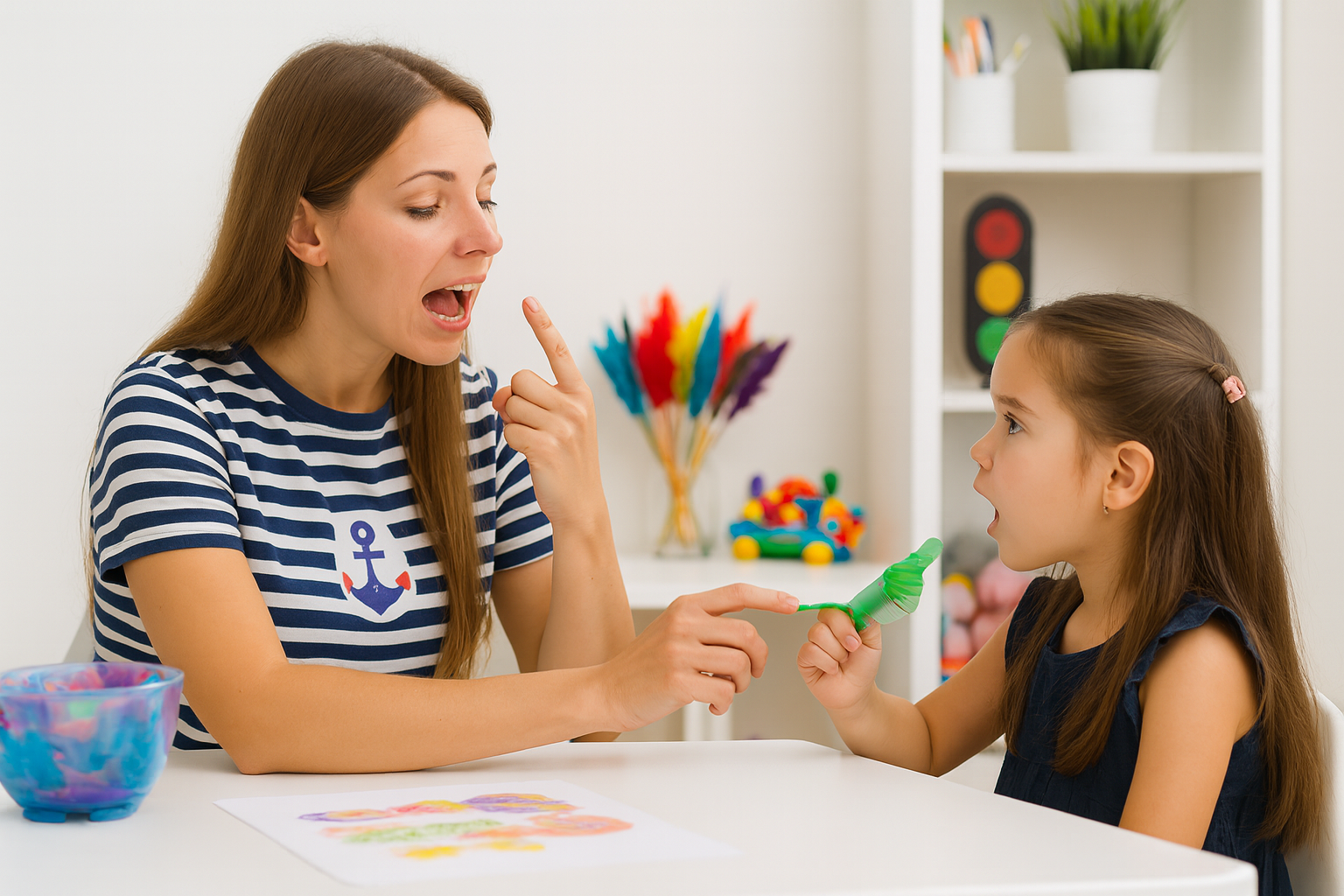 A woman and a young girl are engaged in a playful activity at a table. The woman, wearing a navy and white striped shirt with an anchor design, is making a funny face and pointing at herself with her index finger. The girl, wearing a sleeveless dark blue top, is holding a green balloon object and looking at the woman with surprise. The background features a white shelf with colorful toys, a flower arrangement, and a toy traffic light.