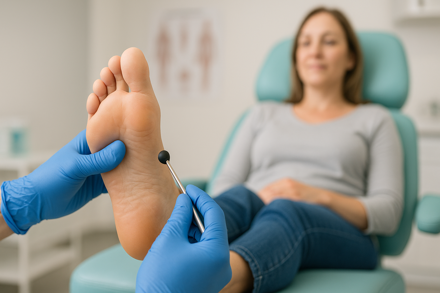 Medical professional in blue gloves performs reflex test on patient's foot with a mallet in a clinical setting.