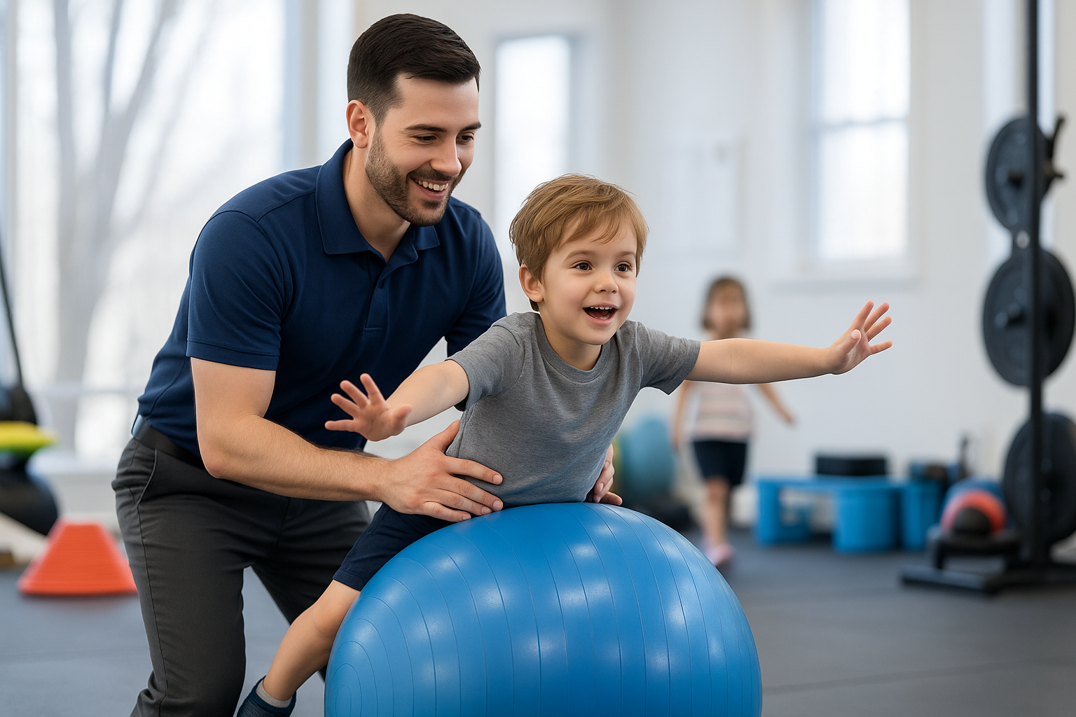 A young boy doing physical therapy on a blue exercise ball with a therapist in a gym.