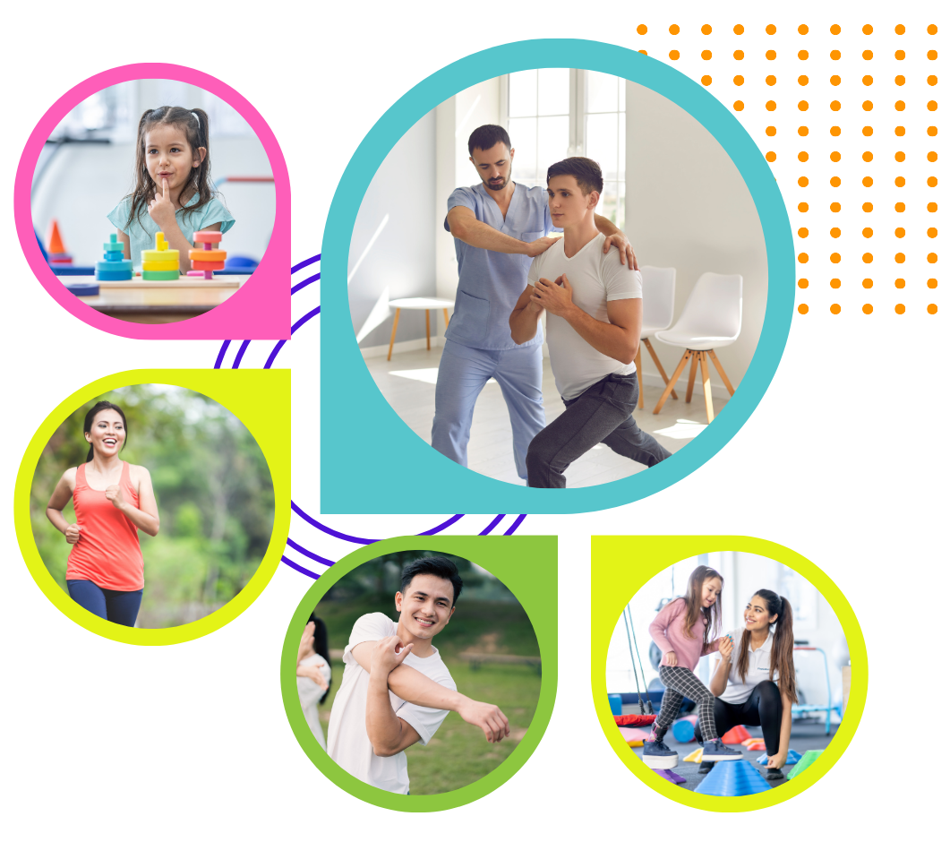 Collage of images showing physical activities: a man and woman practicing CPR in a medical setting, a girl playing with colorful stacking rings, a woman jogging outdoors, a man carrying a backpack outside, and a girl and woman doing a workout with a trainer indoors.