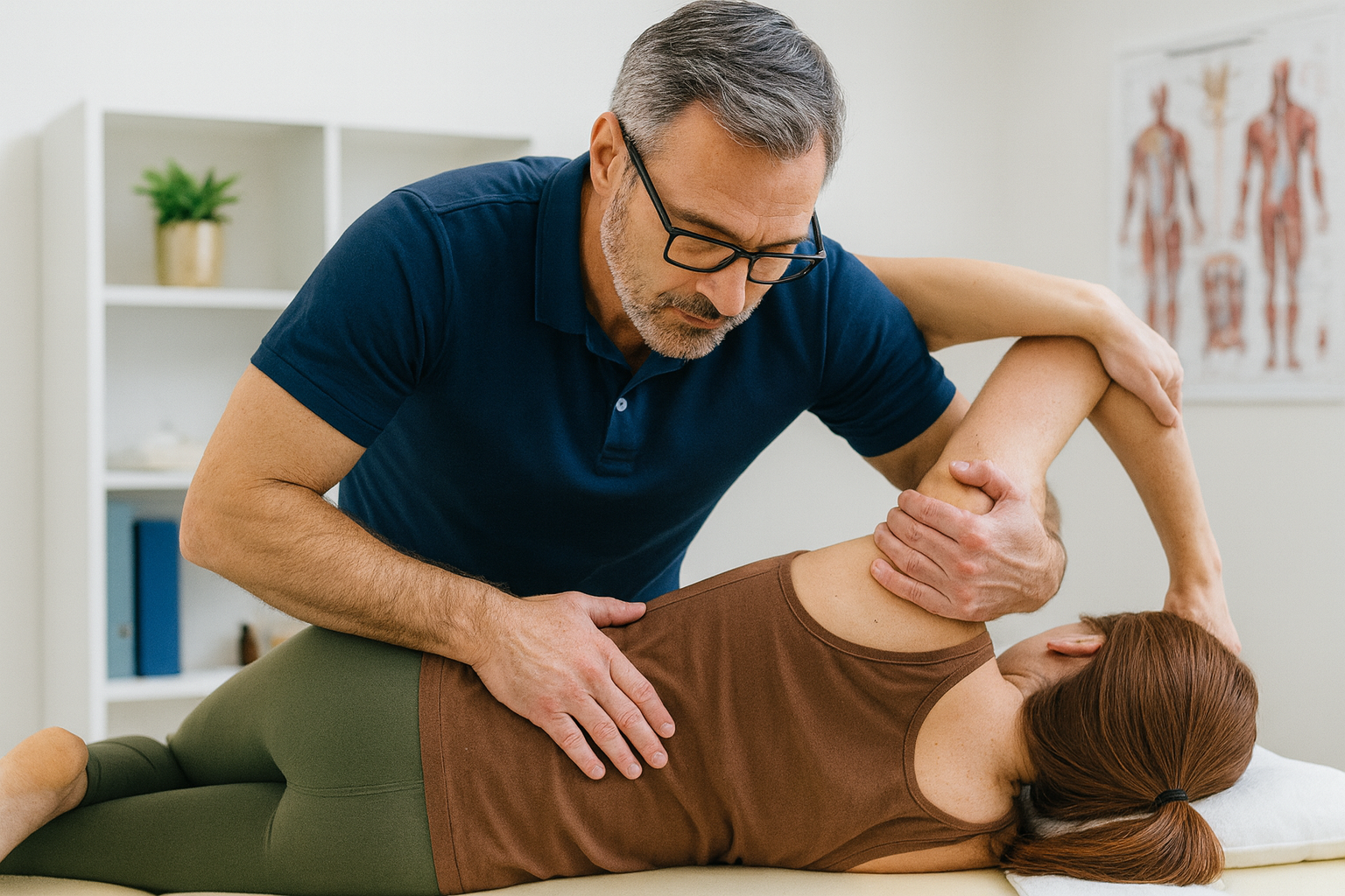 A healthcare professional adjusts a woman's arm during a physical therapy session in a medical office.