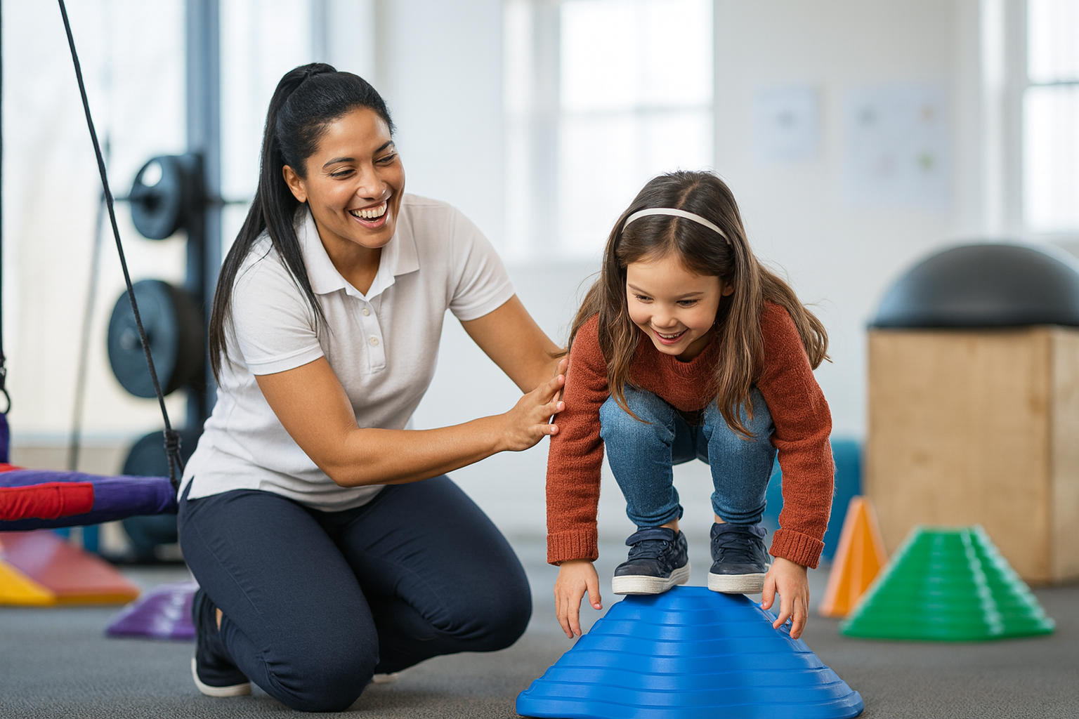 A woman helps a young girl practice balancing by walking on a blue balance cone in a therapy or gym setting, with colorful cones and gym equipment around them.
