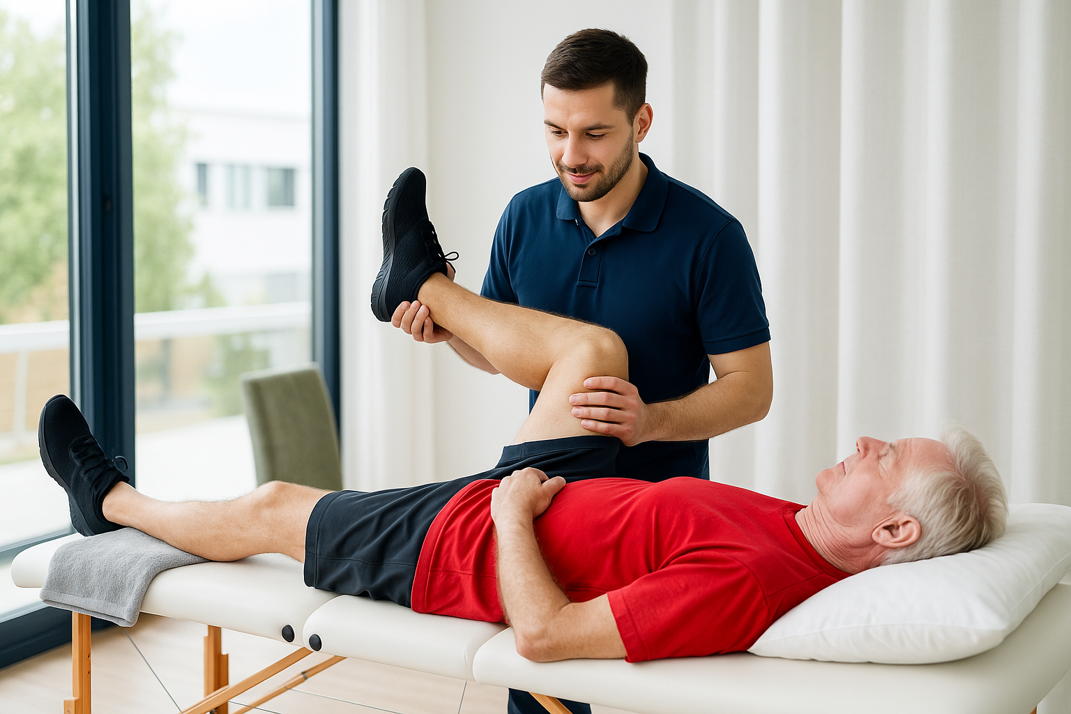 Physical therapy session with a male therapist assisting an elderly man lying on a treatment table, lifting his leg.