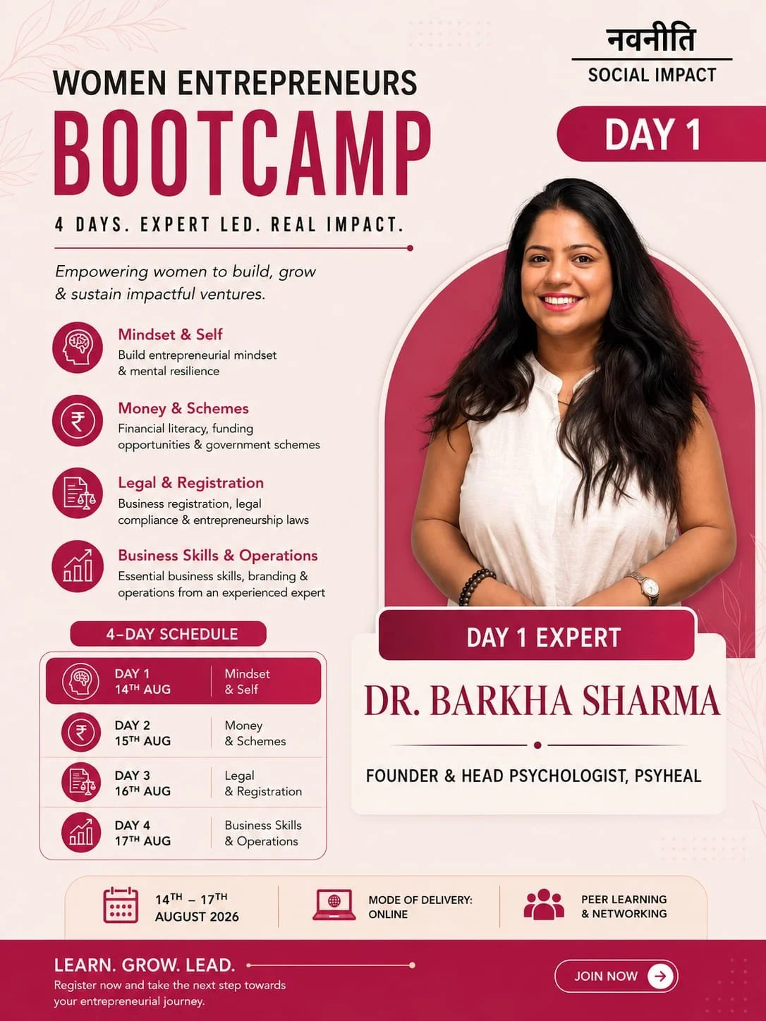 Dr. Barkha Sharma, Day 1 expert for Women Entrepreneurs Bootcamp