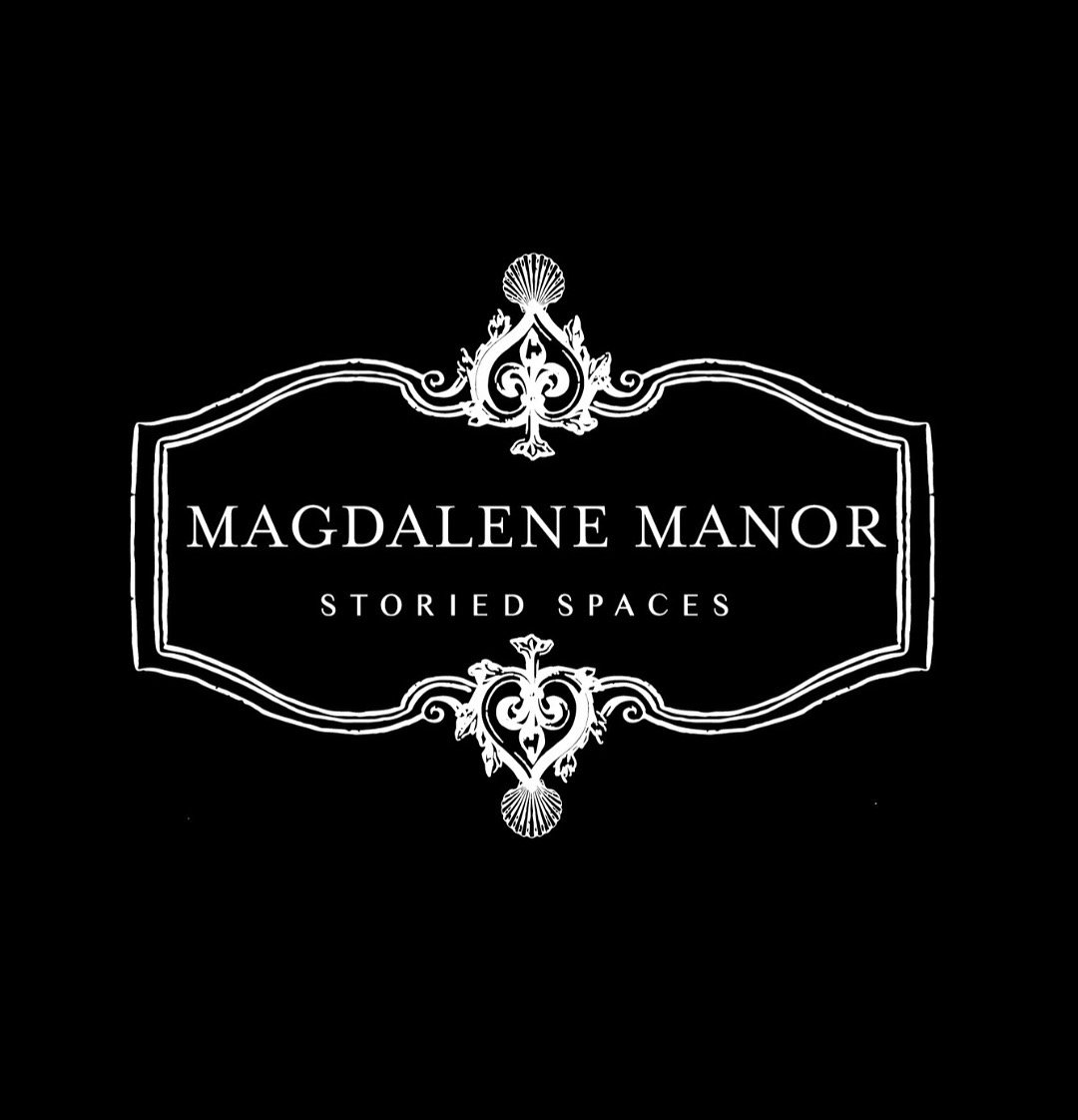 Black background with a decorative white frame and text reading "Magdalene Manor Storied Spaces".