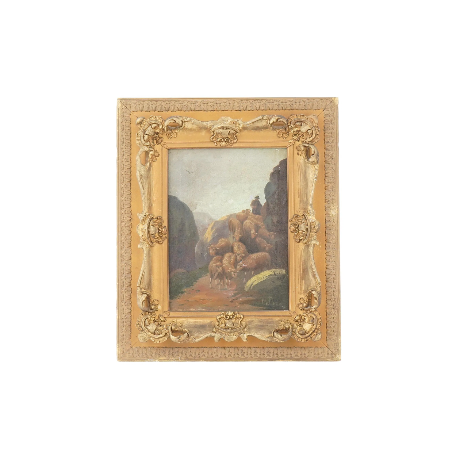 Late 19th C. European Pastoral Oil in Antique Gilt Rococo Frame