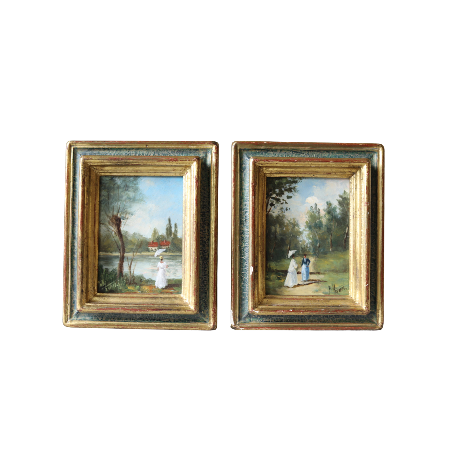 Pair of French Figural Landscape Oils