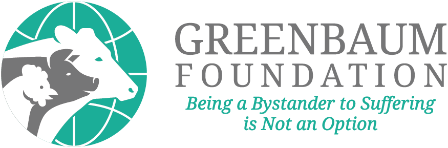 Greenbaum Foundation logo with a stylized animal face and a globe, alongside the tagline "Being a Bystander to Suffering is Not an Option."