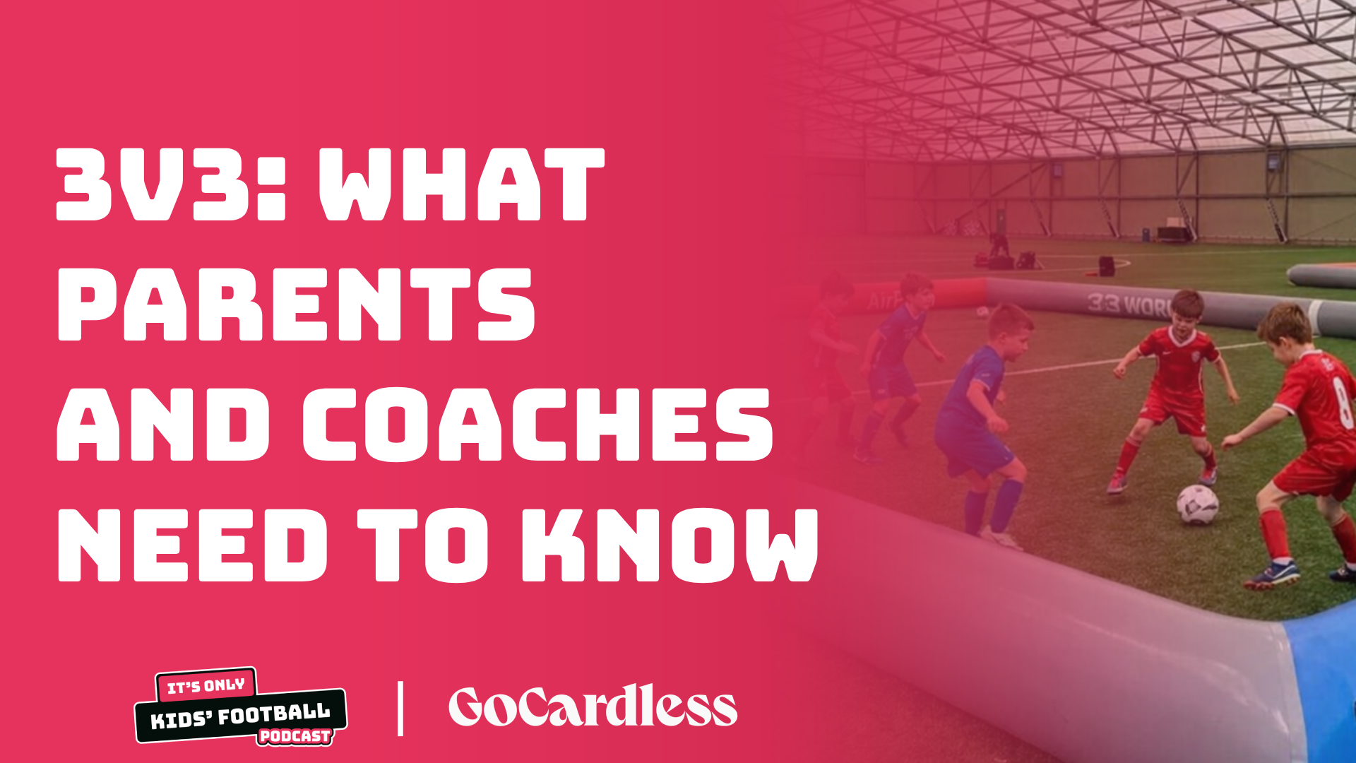 A group of young children playing indoor soccer in a sports arena with a large inflated tunnel on the side. The overlay text reads '3V3: WHAT PARENTS AND COACHES NEED TO KNOW' and includes logos for 'Kids' Football Podcast' and 'GoCardless'.