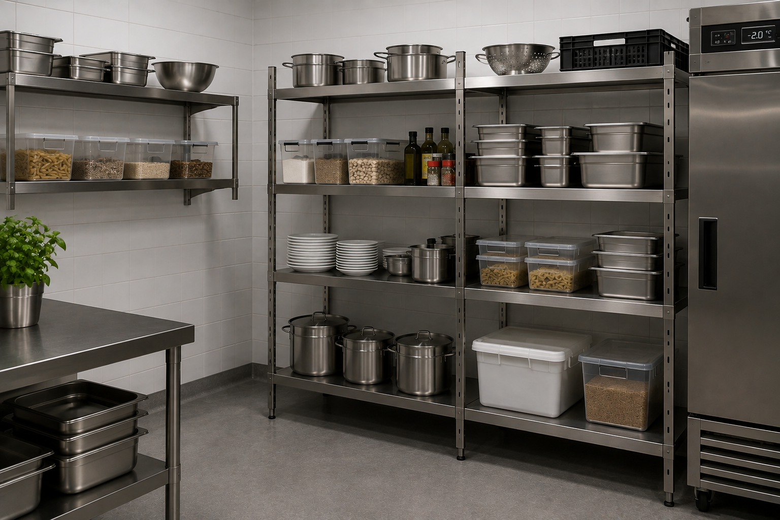 Rostfria hyllor och förvaring för restaurang och storkök
