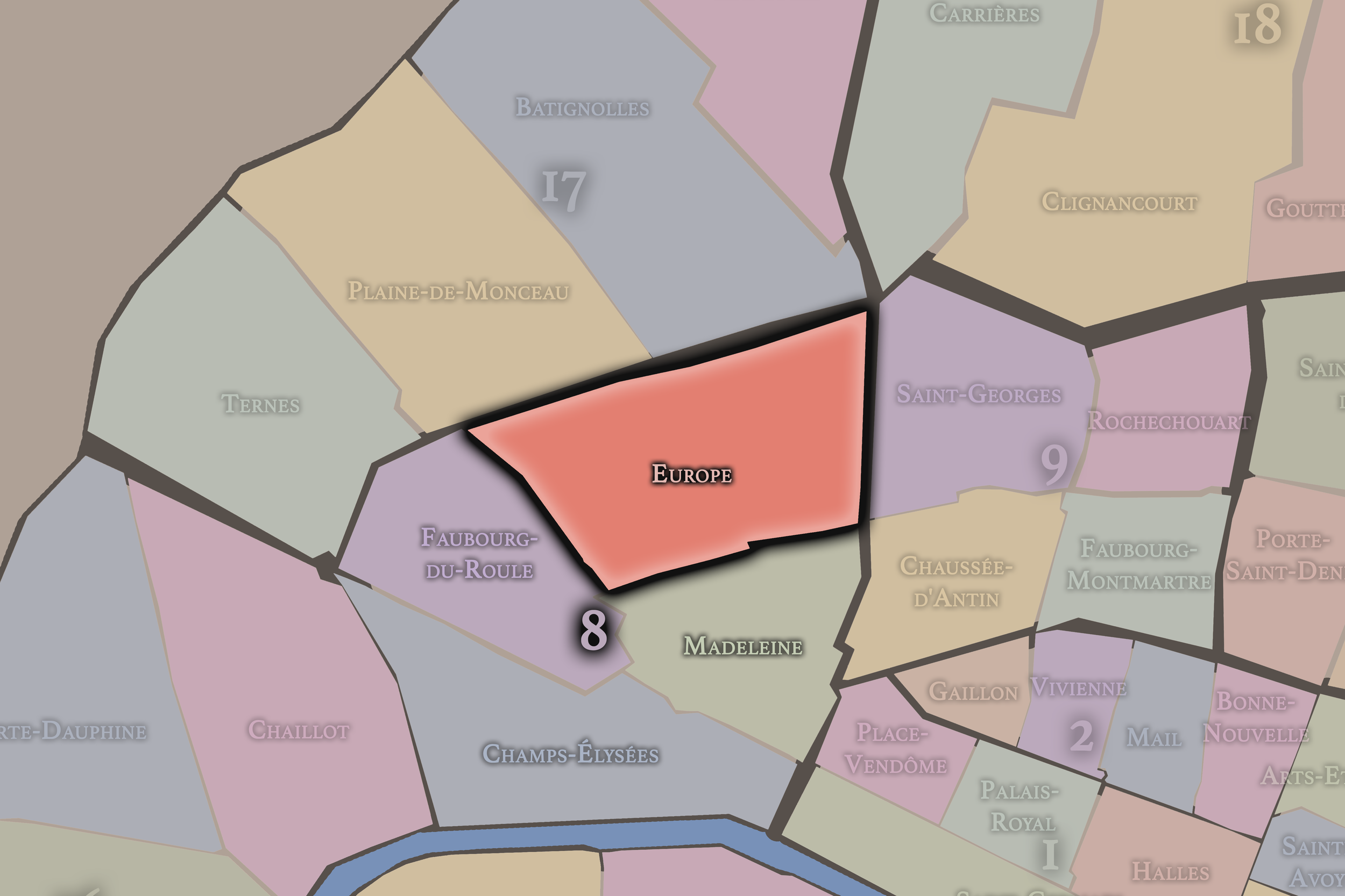   8e — Europe | Paris Administrative Quarter Neighborhood Map  