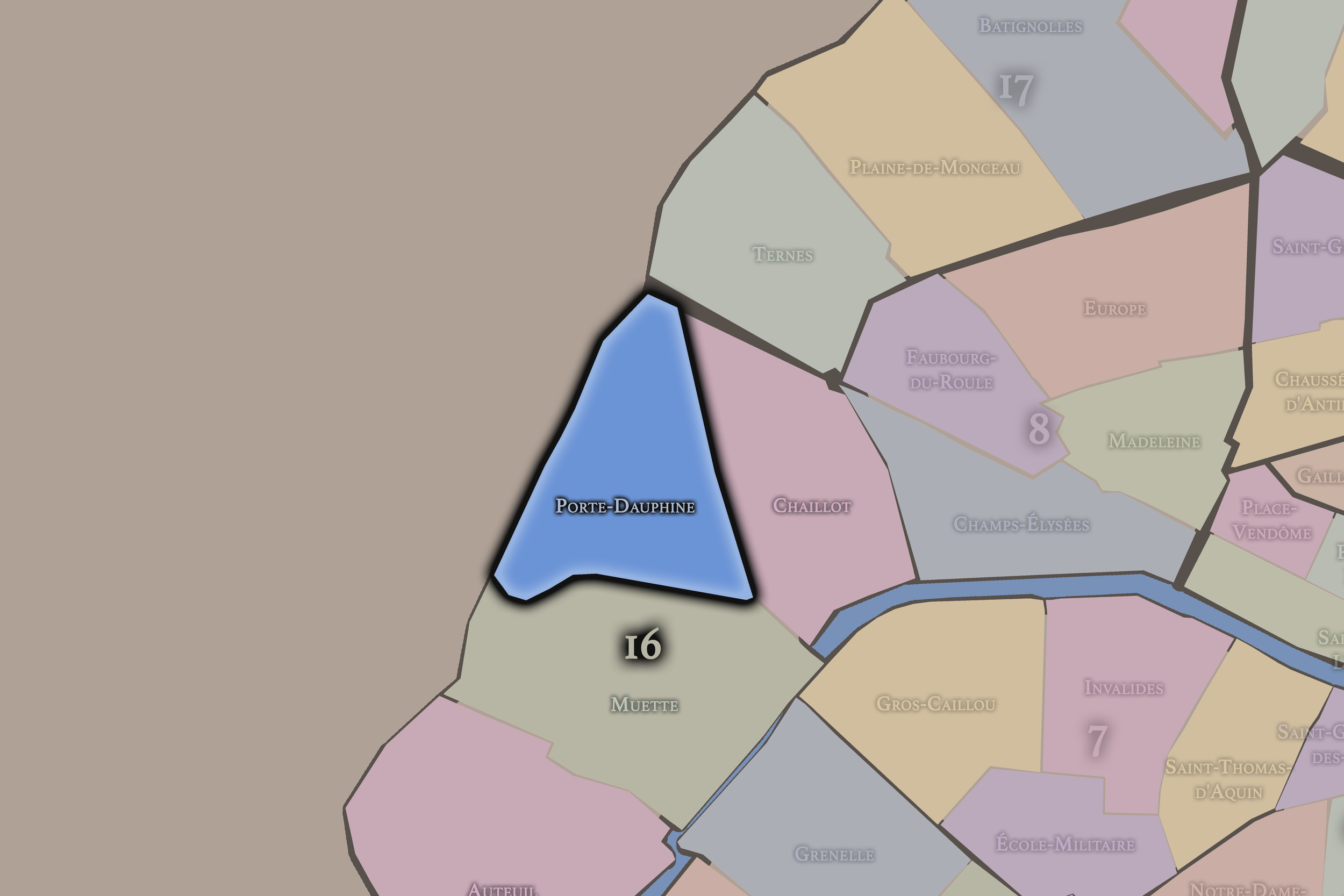   16e — Porte-Dauphine | Paris Administrative Quarter Neighborhood Map  