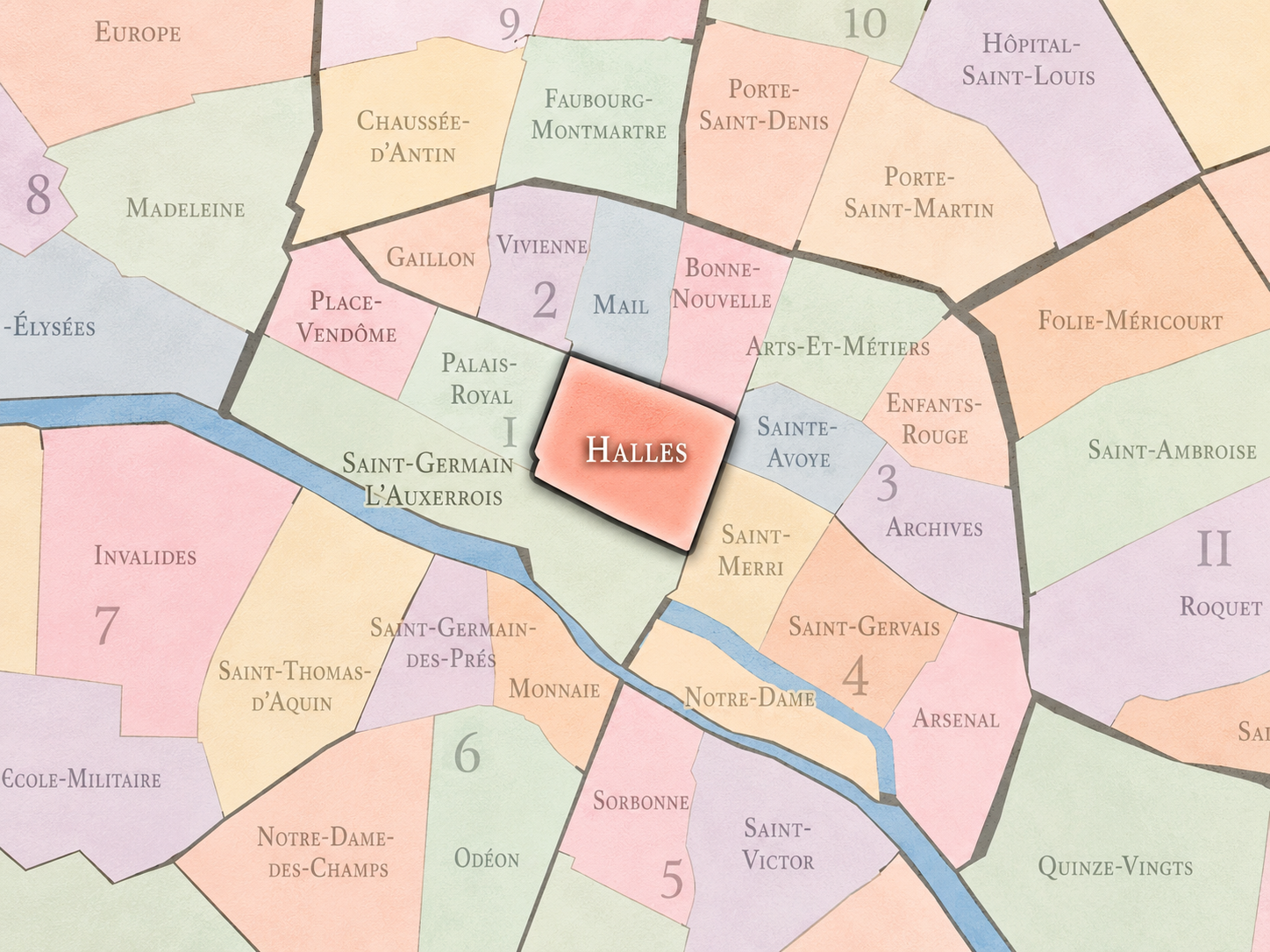 Map of central Paris showing neighborhoods, with Halles highlighted in red, and surrounding areas labeled with names and numbers, including Seine River running through the bottom.