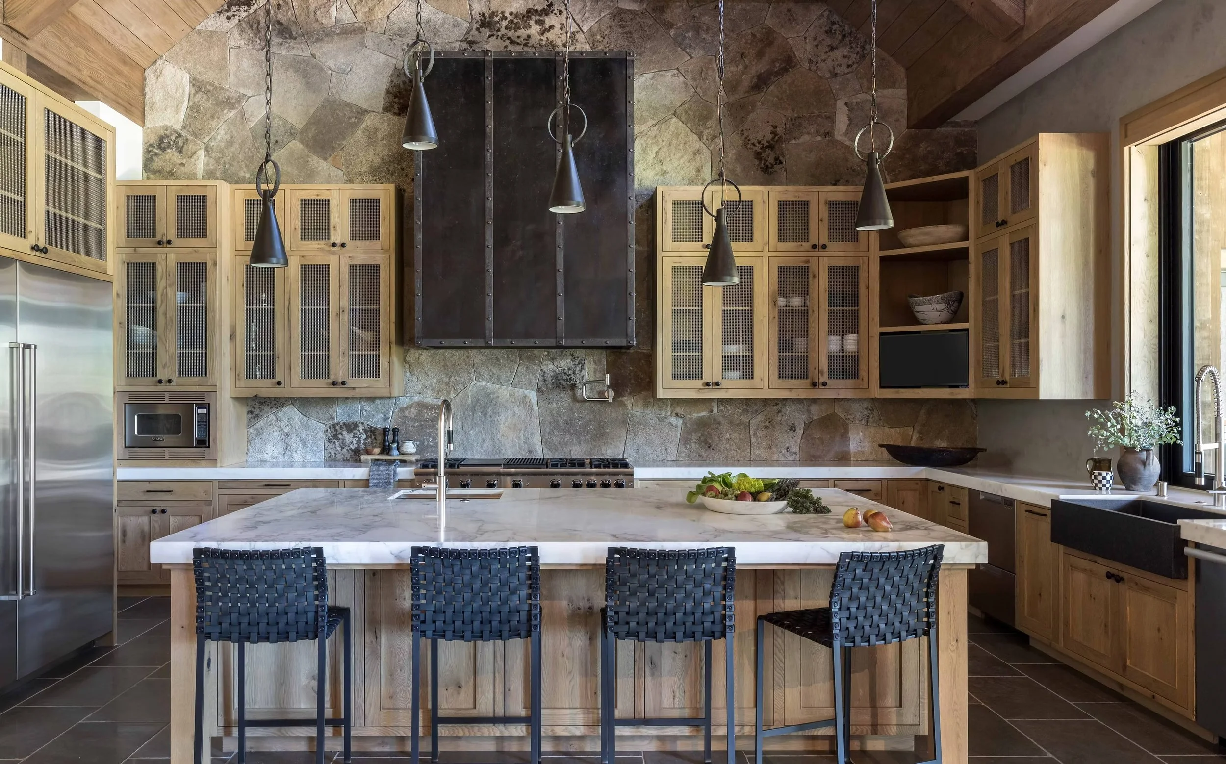 kitchen with stone walls