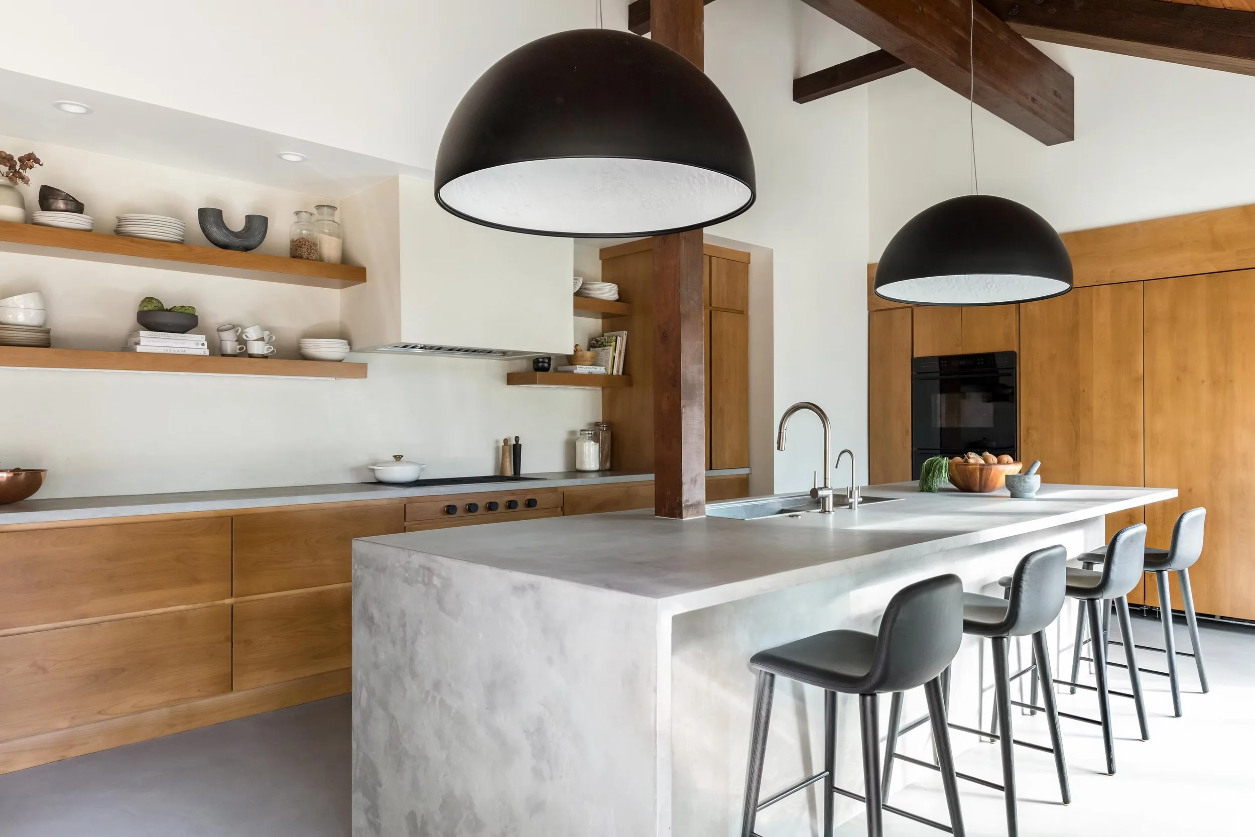 spacious kitchen with open shelving