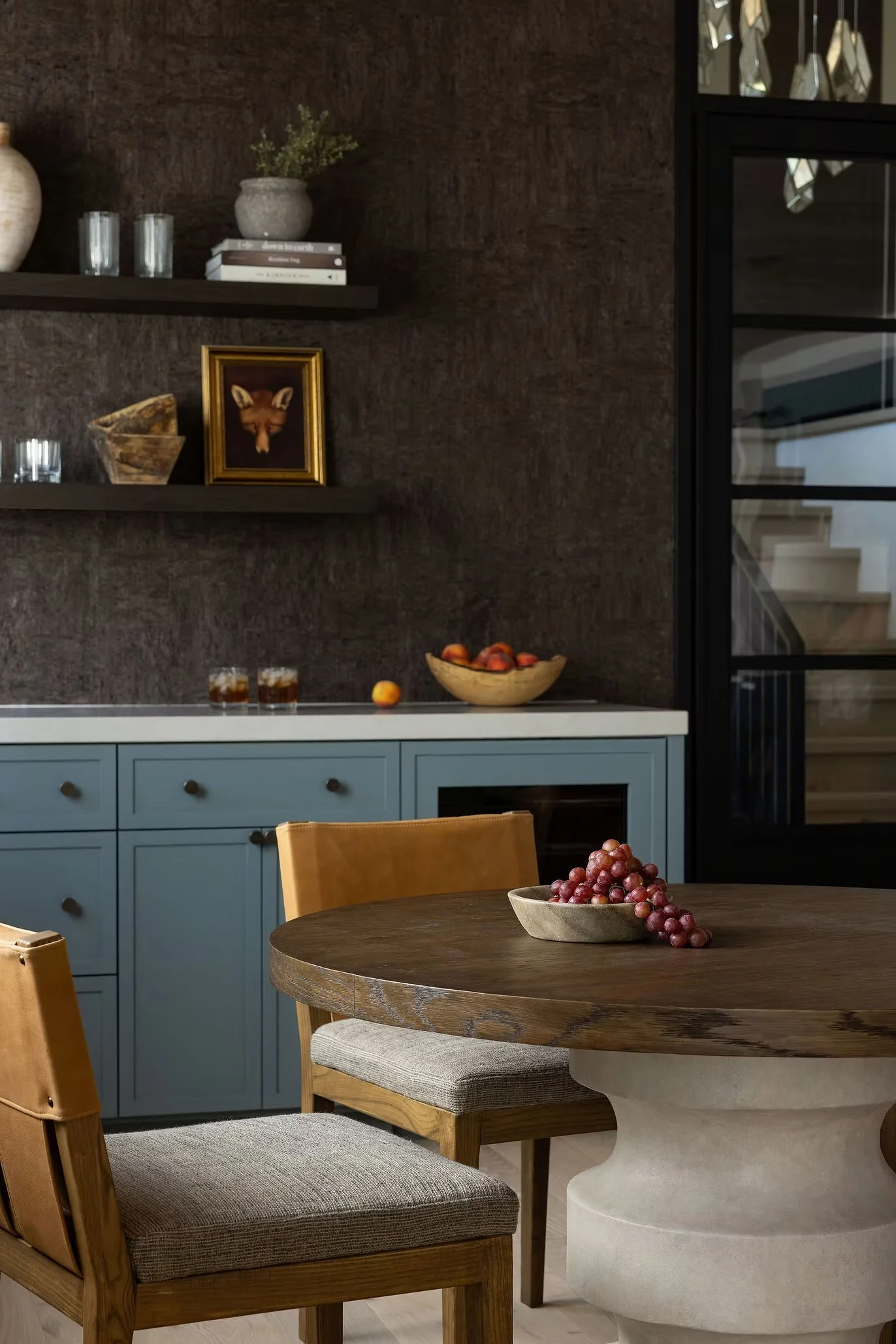breakfast table with buffet in background