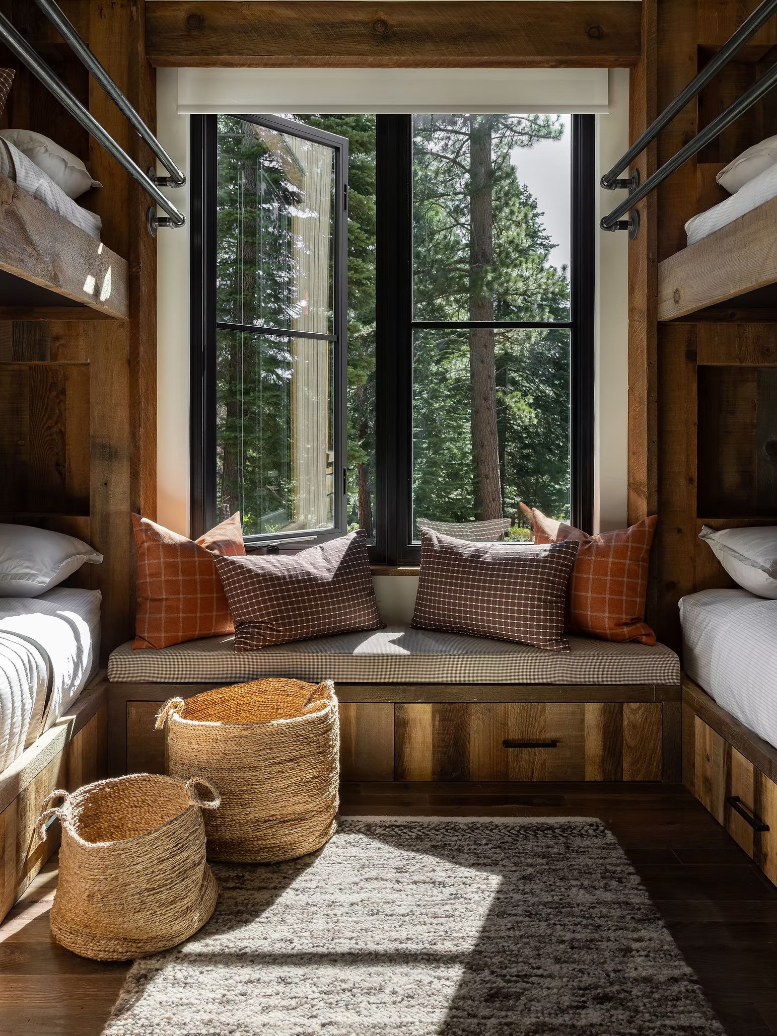 kids room double bunk beds with window seat