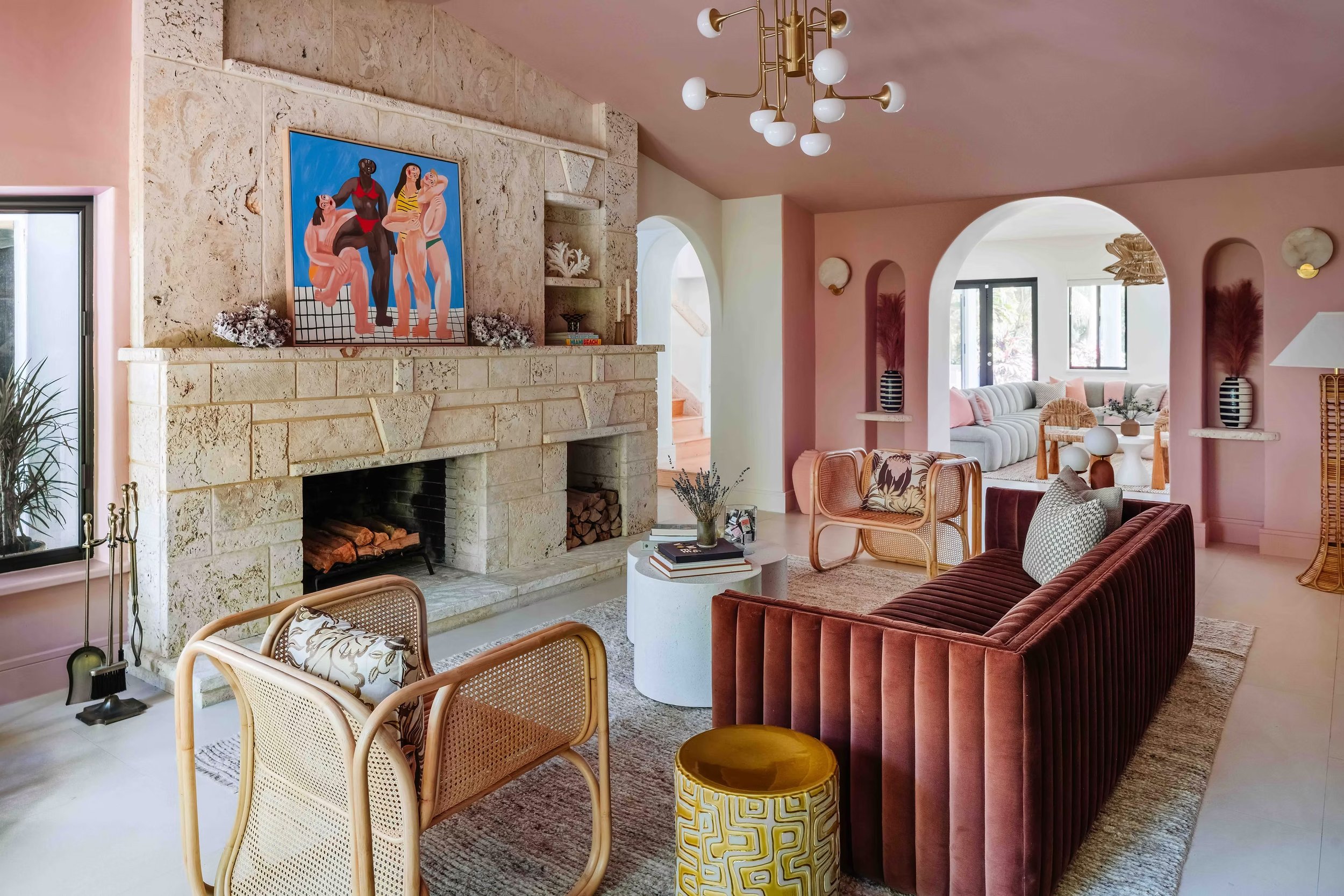 living room and fireplace