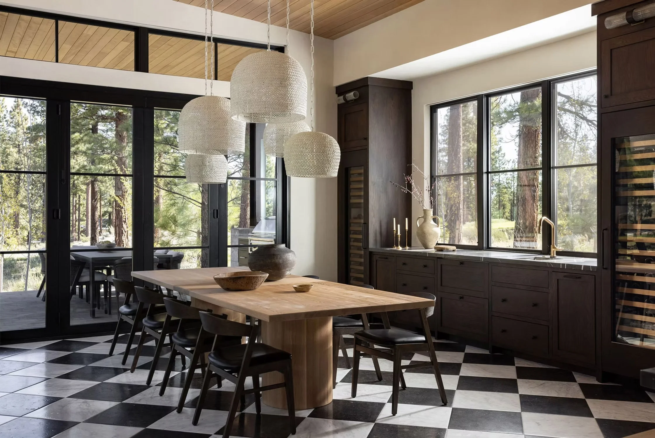 dining room with classic black and white tile