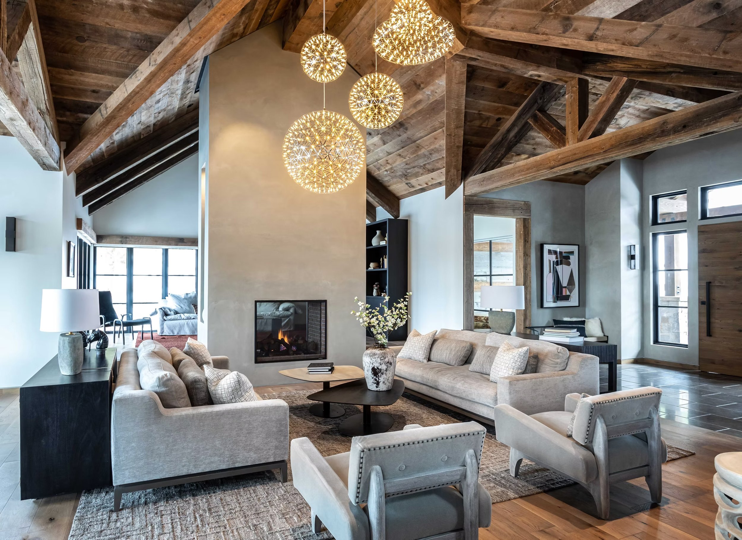 living room and fireplace