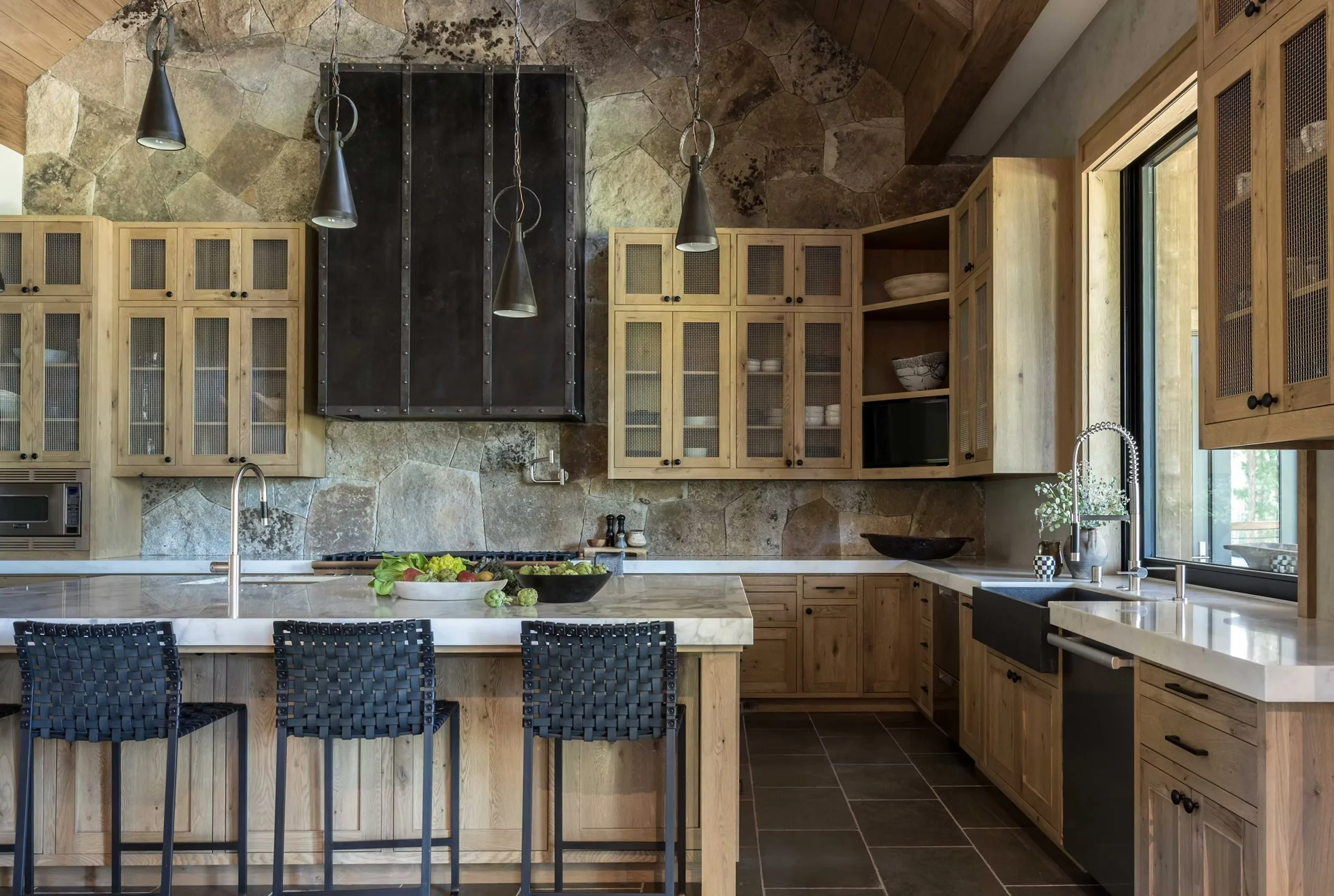 kitchen with stone walls