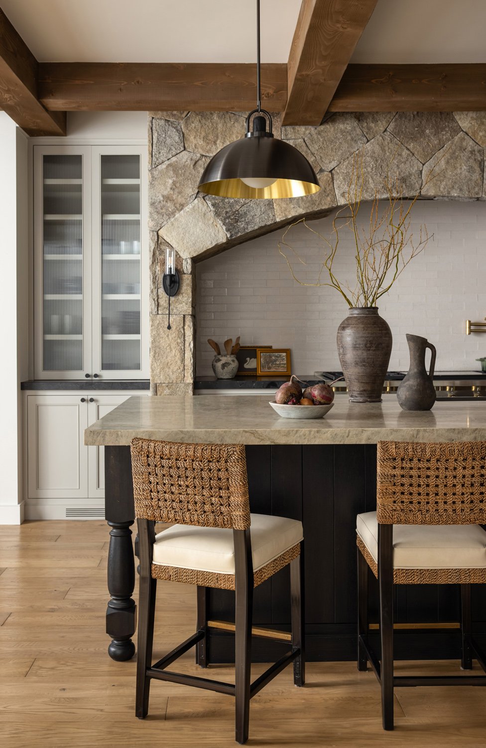 kitchen with stone arch