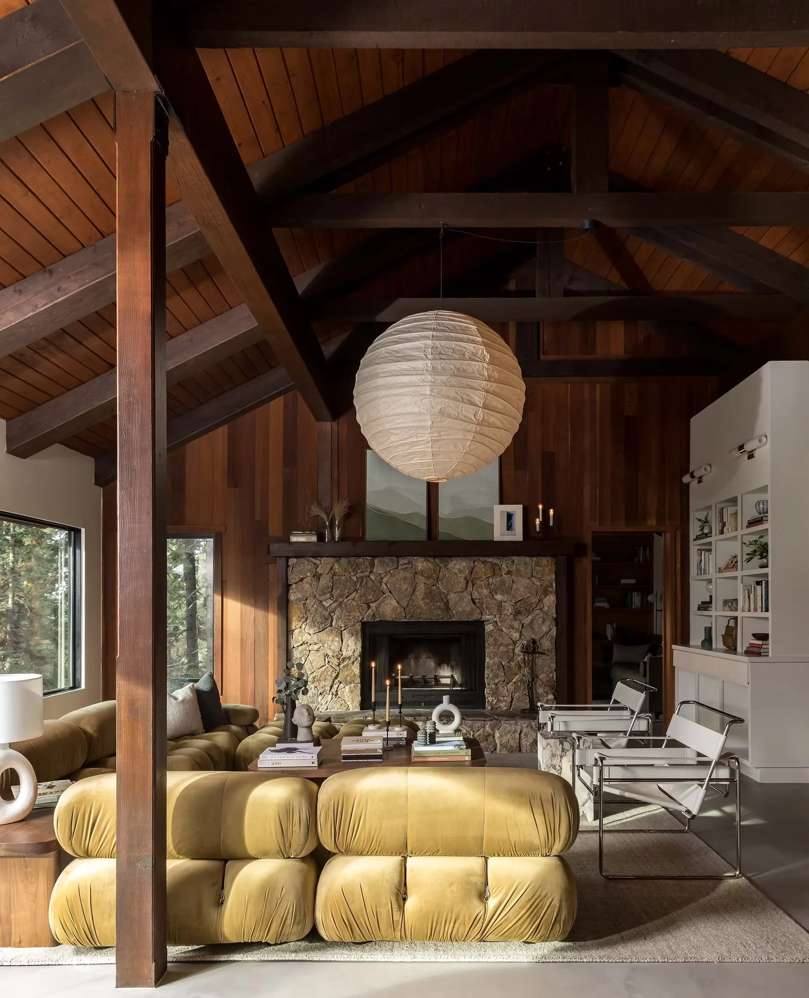 living room with vaulted ceilings