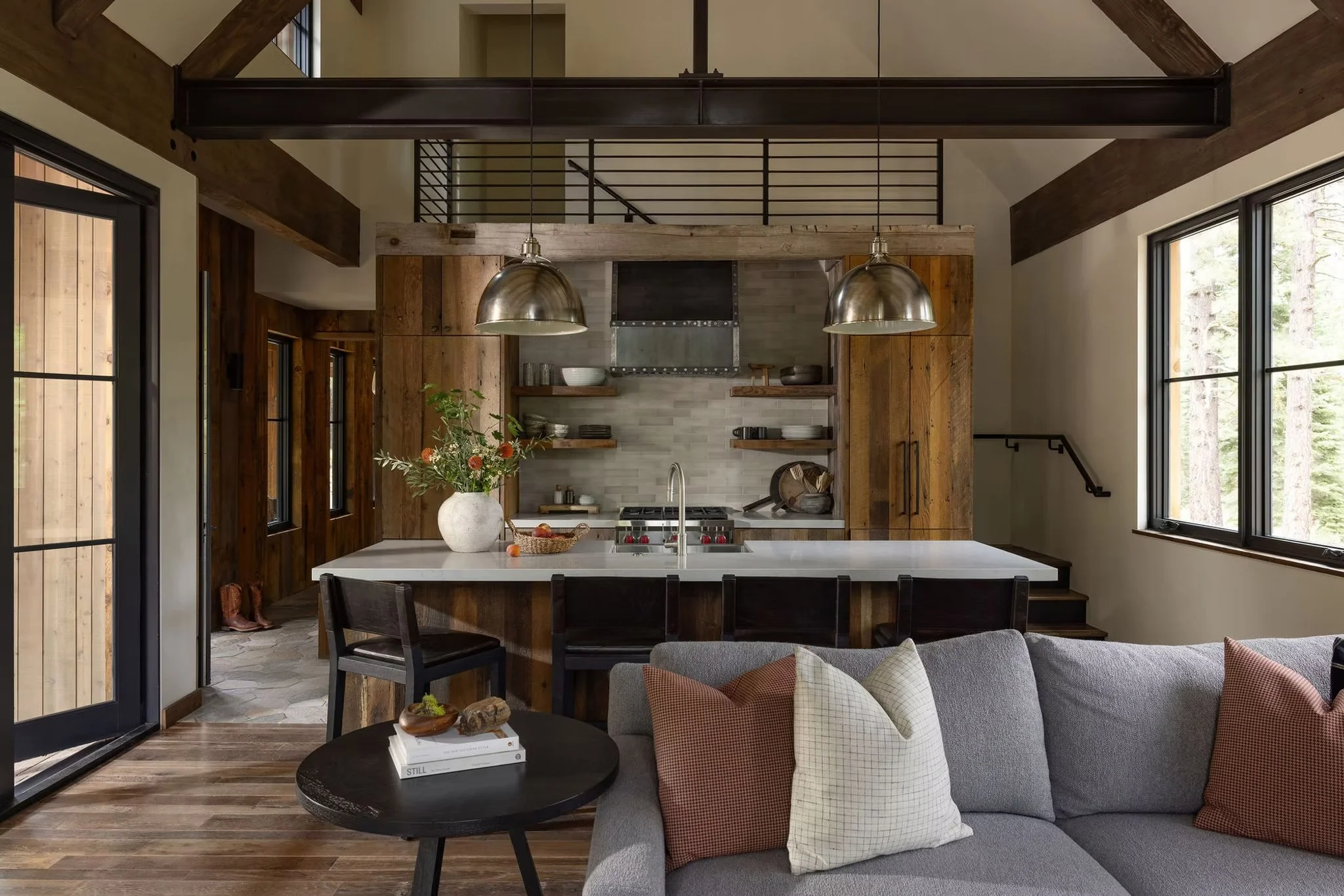 living room into kitchen