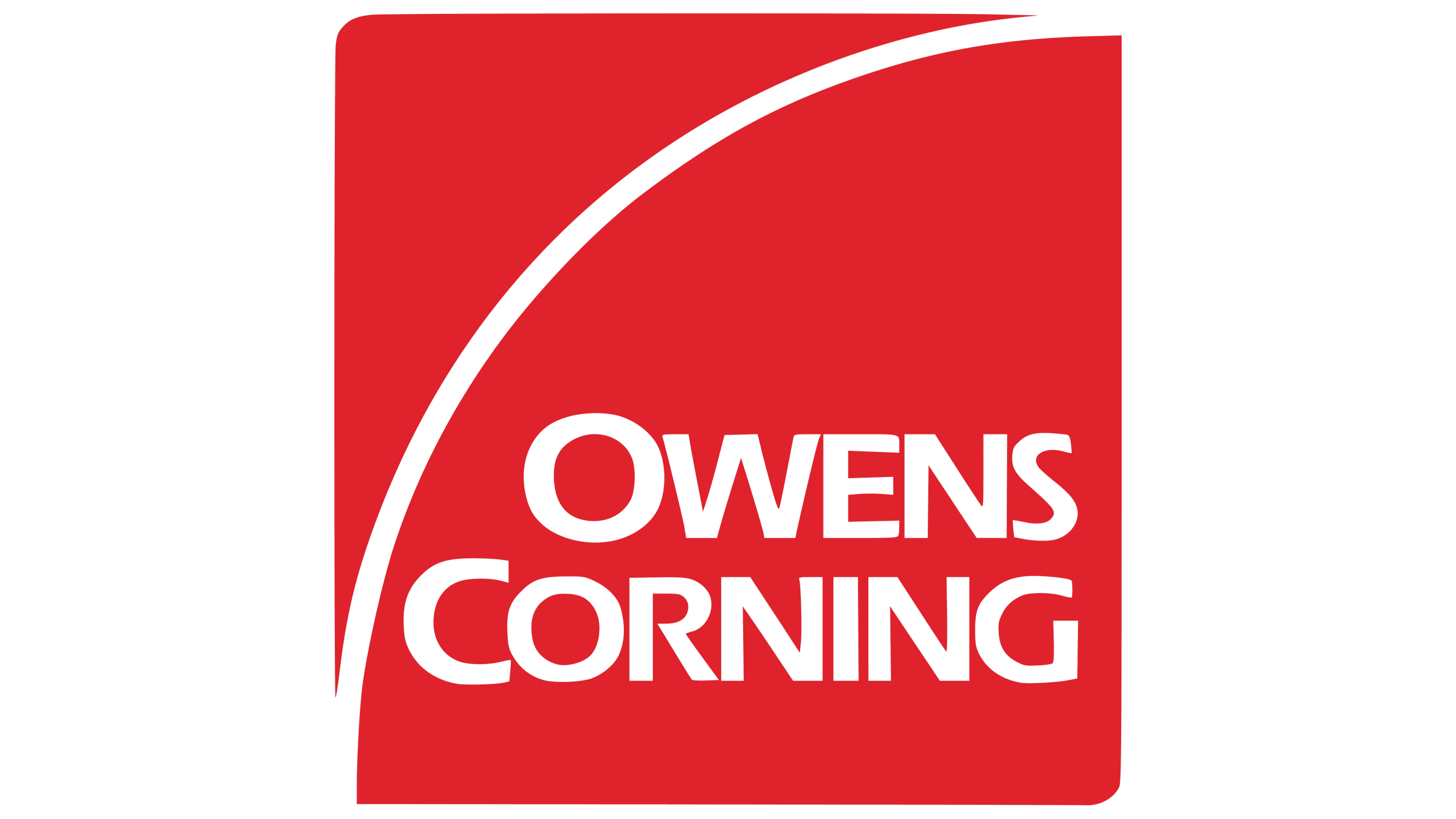 Red square logo with black text reading 'Owens Corning' and a black curved line extending from the top left to the top right.