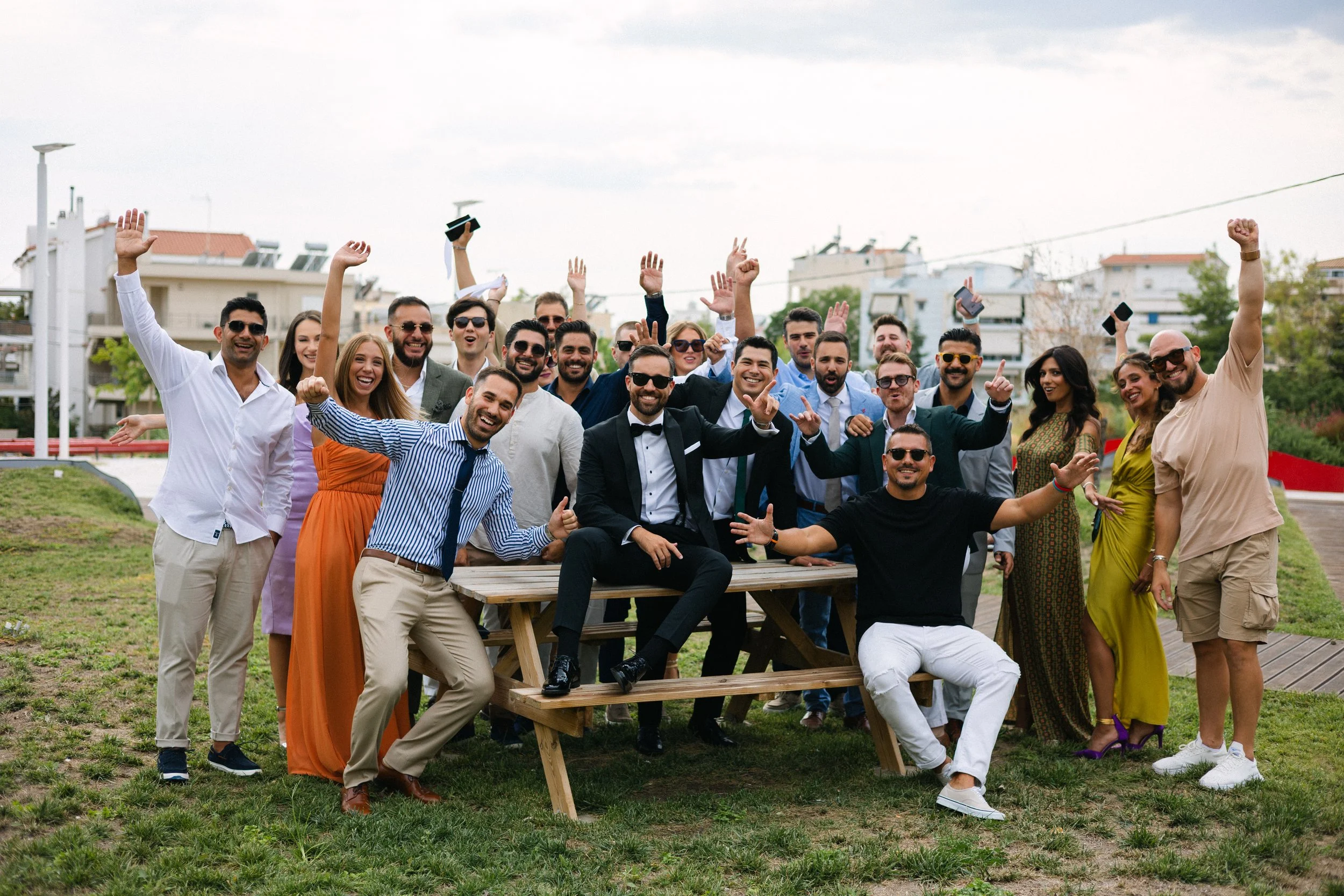 Groom friends group photo Iliou Petra estate Athens Greece