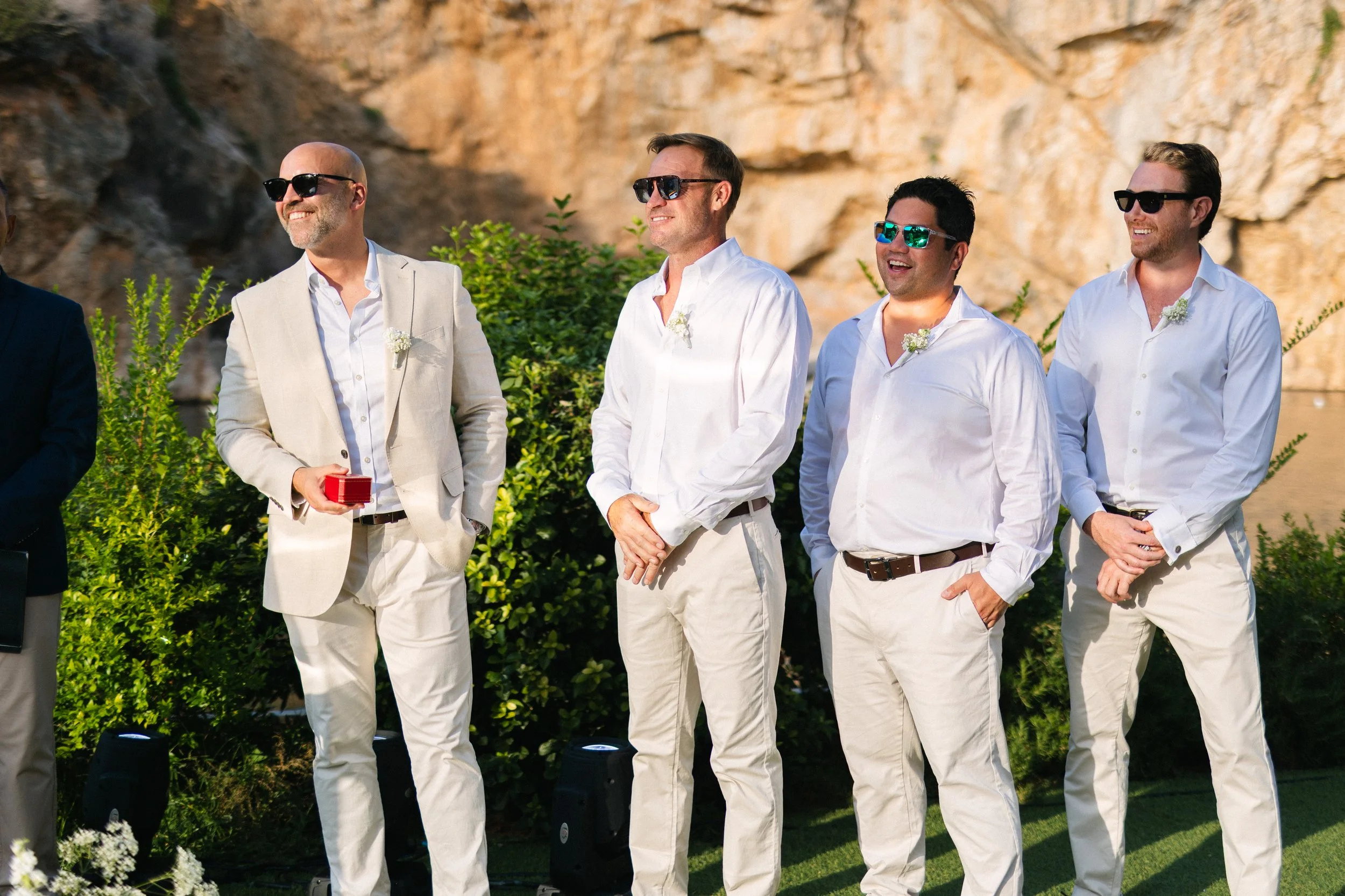 Groomsmen photos Lake Vouliagmeni Athens Greece wedding