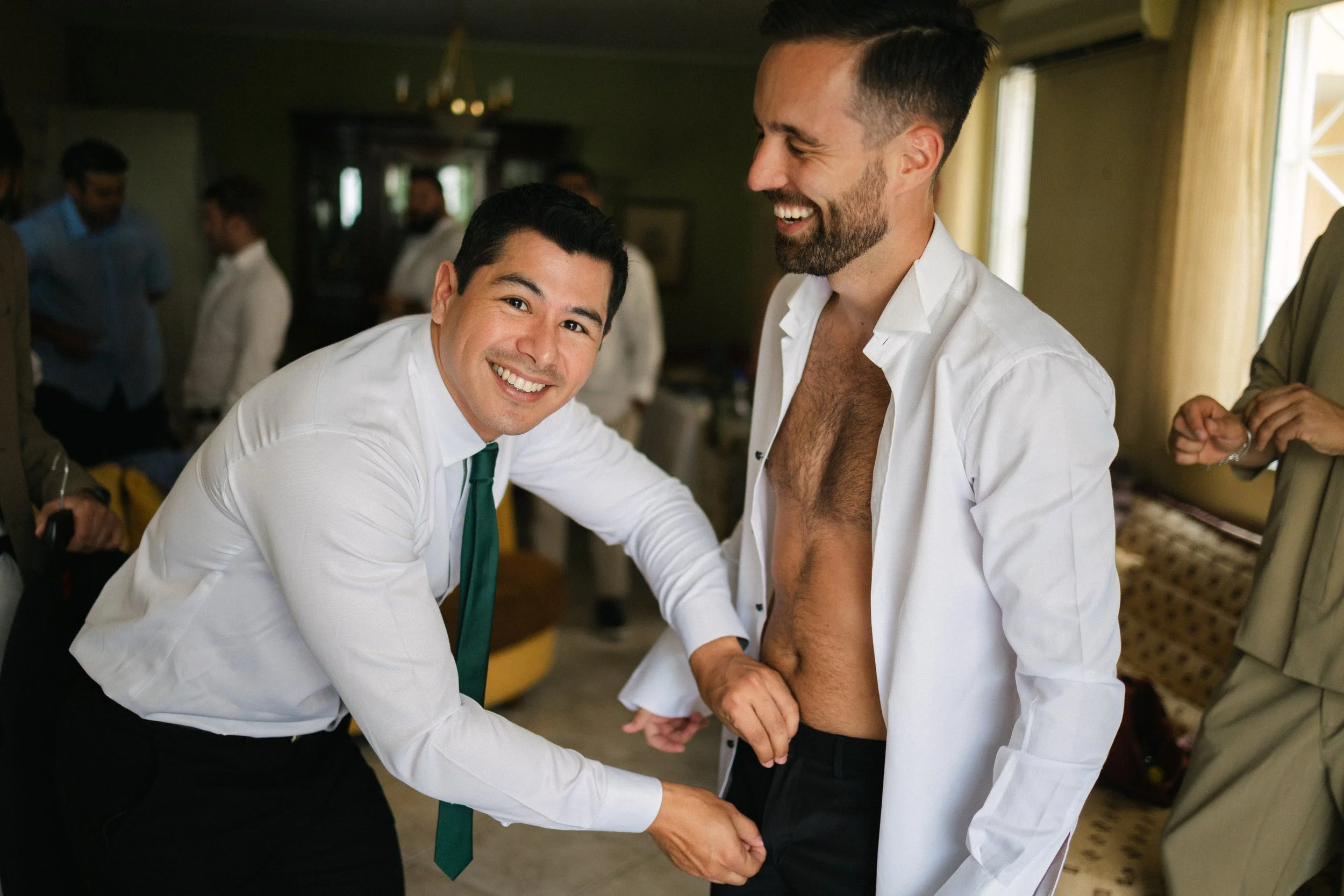 Groom getting ready Iliou Petra estate Athens Greece wedding