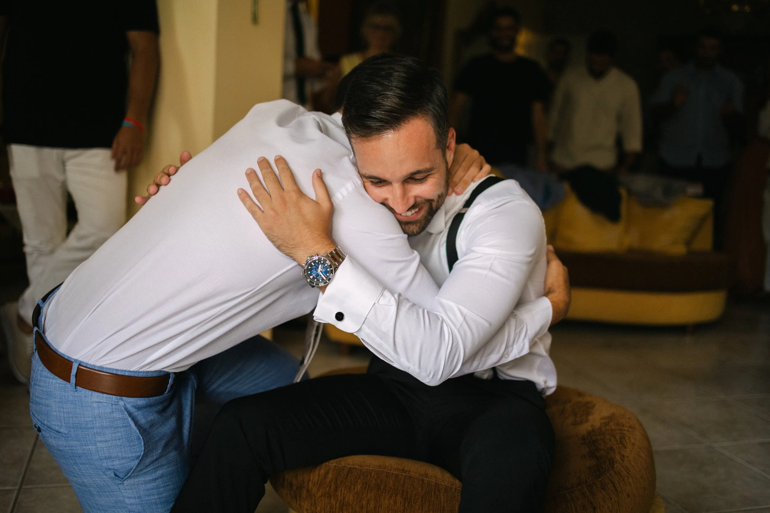 Groom emotional before ceremony Iliou Petra estate Athens