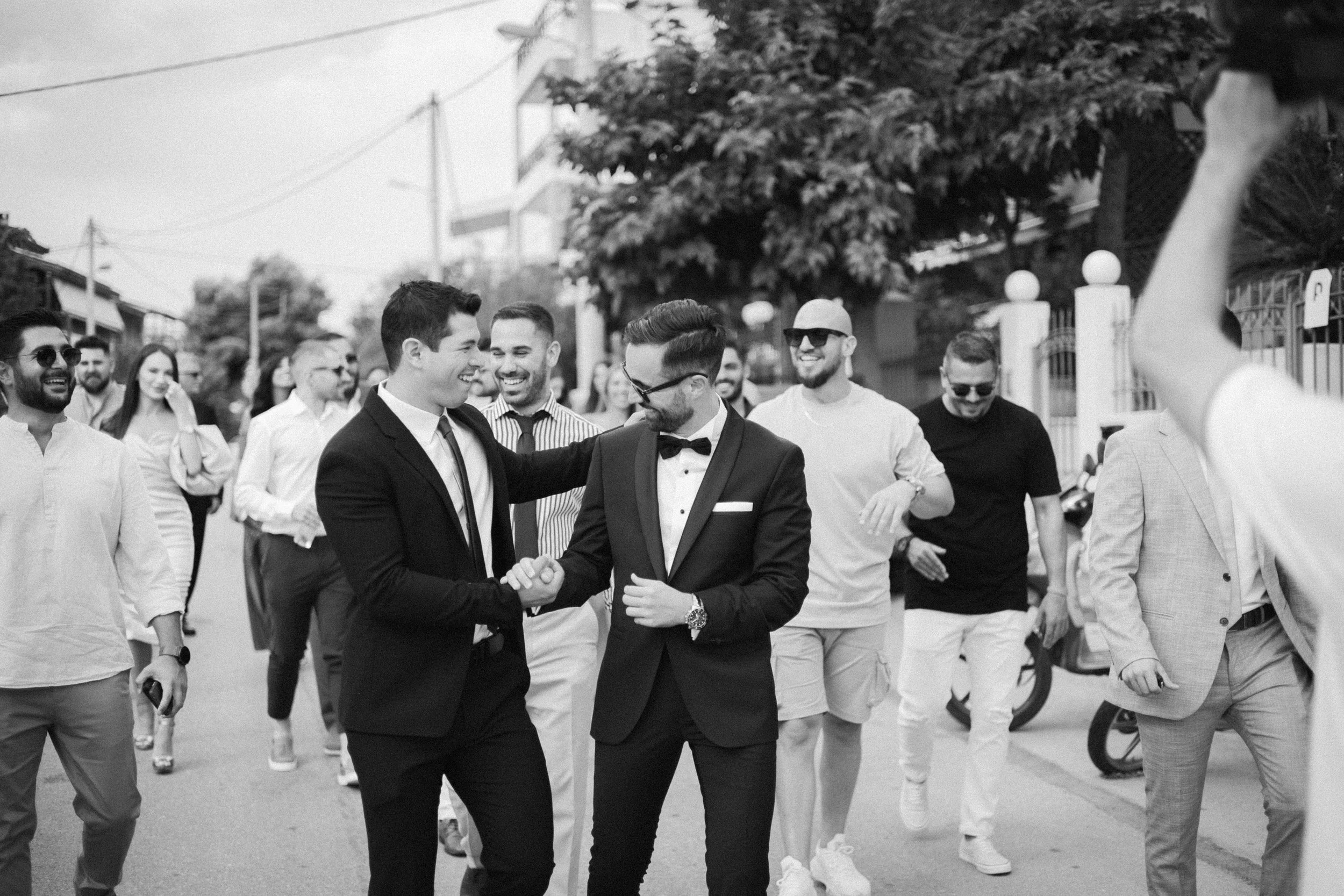 Groom with groomsmen Iliou Petra estate Athens Greece wedding