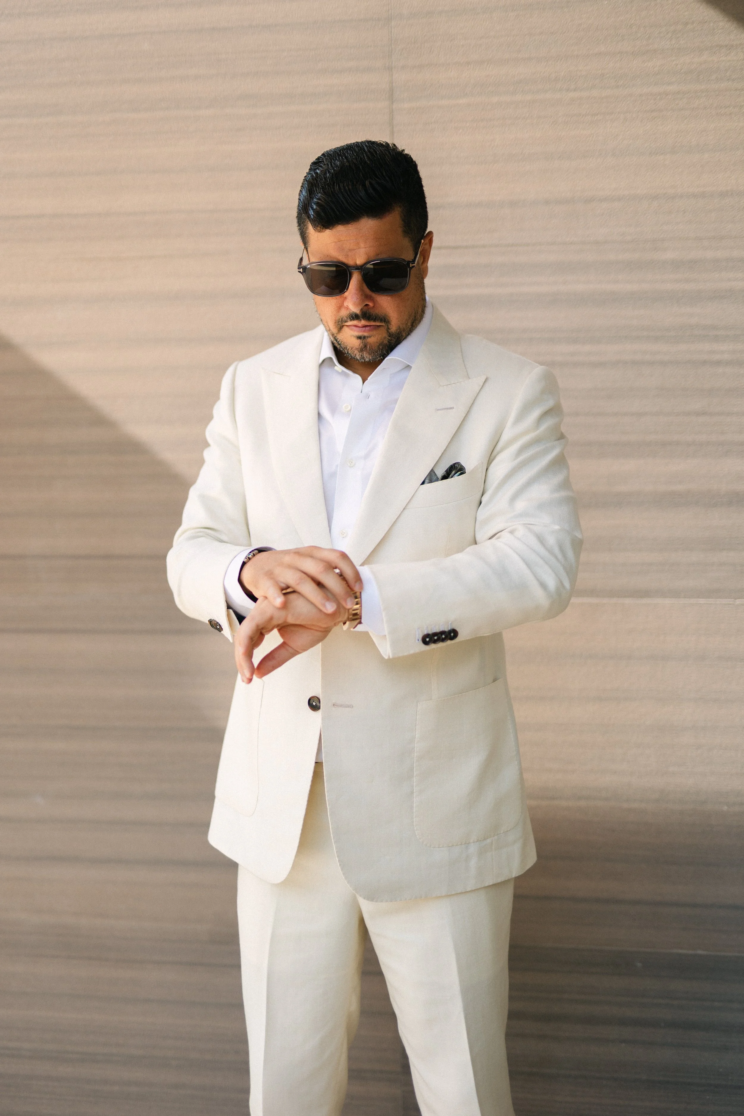 Groom editorial portrait Lake Vouliagmeni Athens Greece wedding