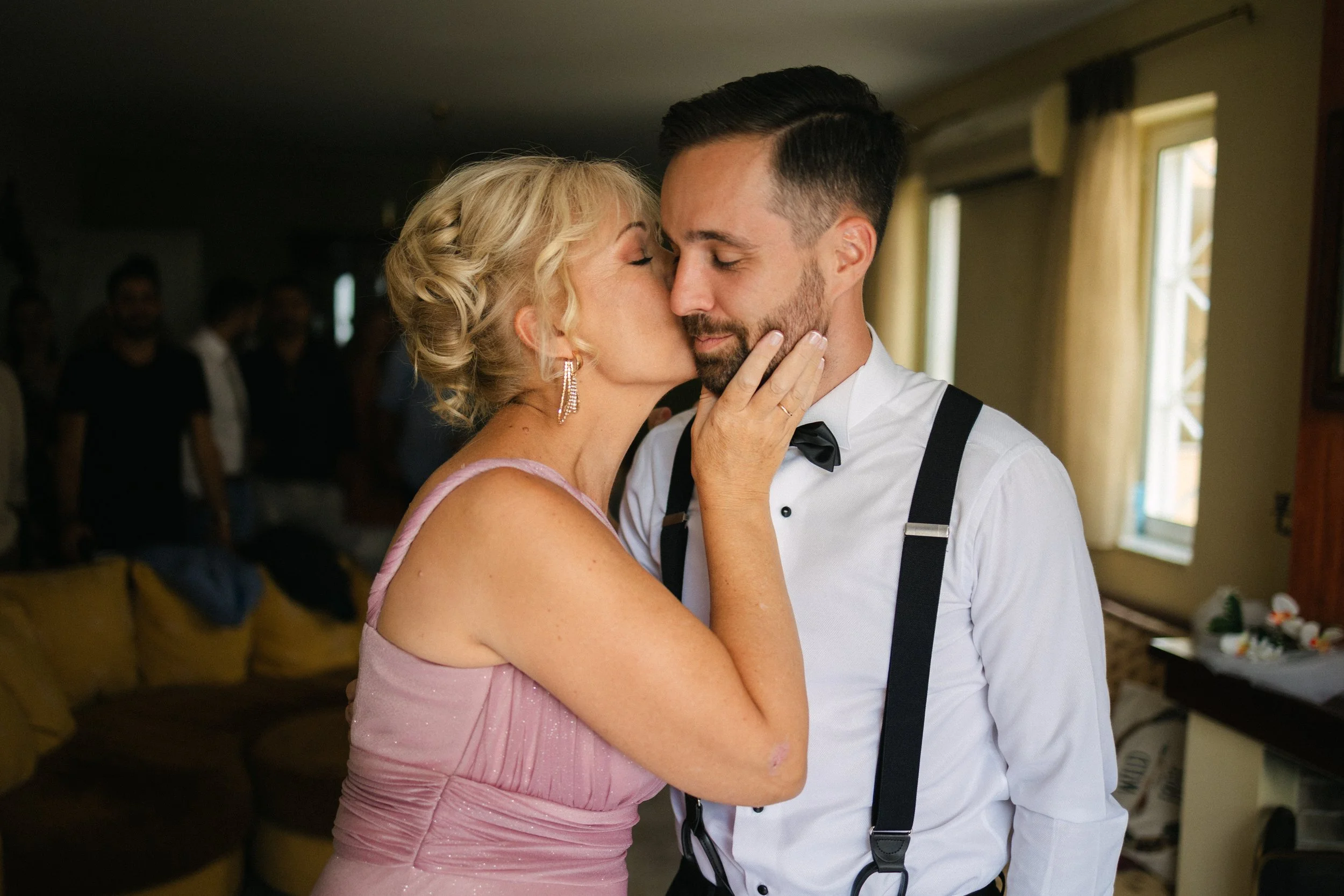 Groom and mother emotional before ceremony Iliou Petra estate Athens