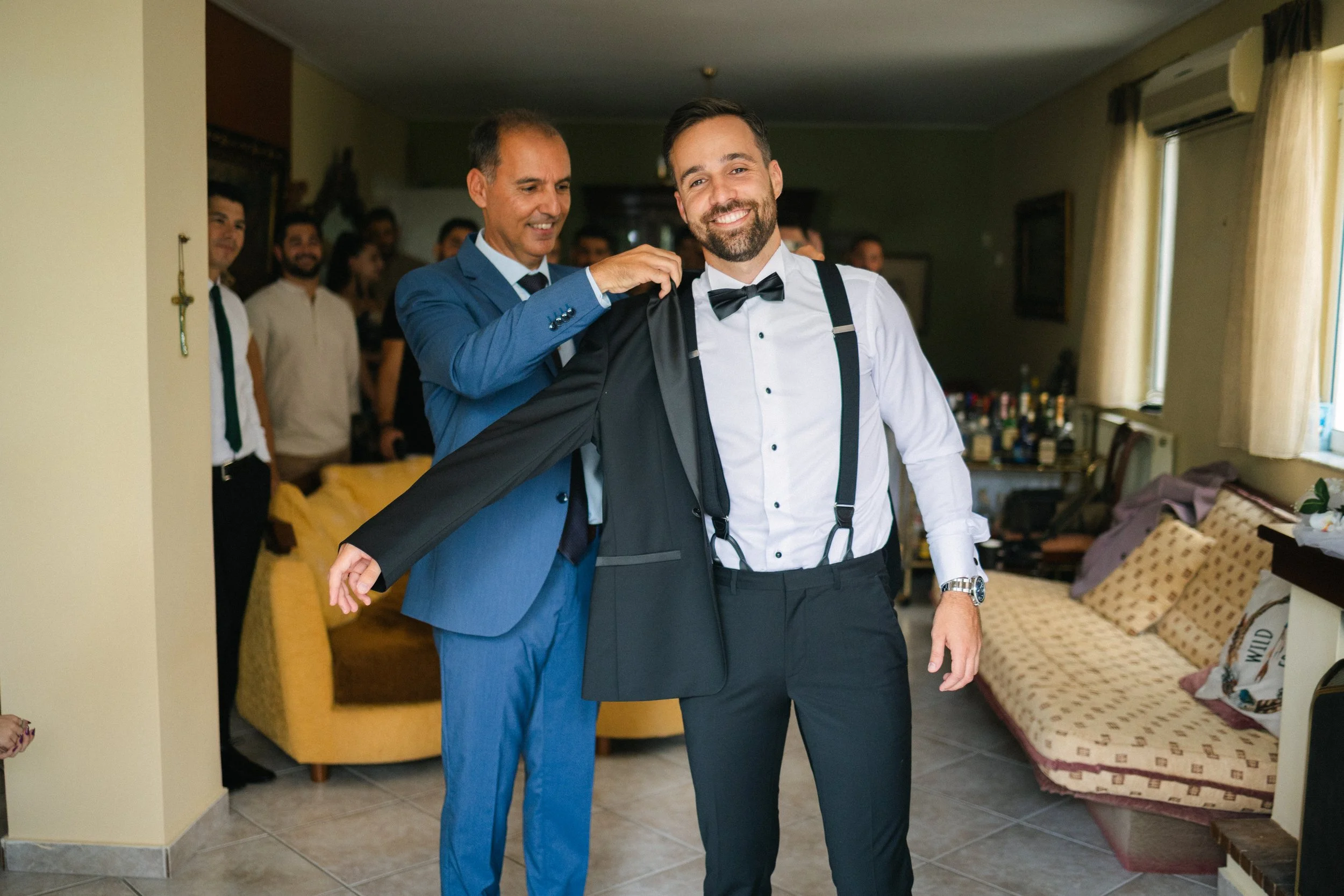 Groom and father emotional before ceremony Iliou Petra estate Athens