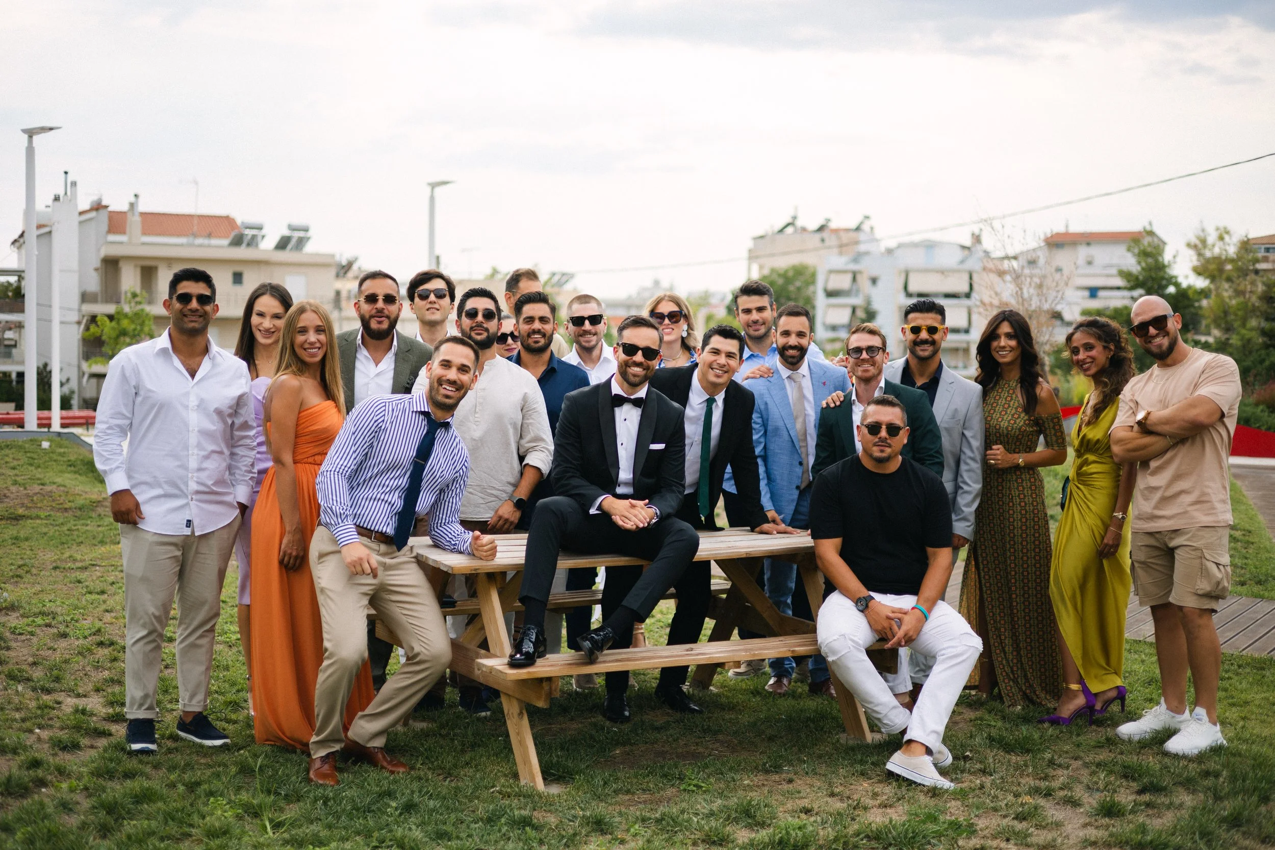 Groom friends group photo Iliou Petra estate Athens Greece
