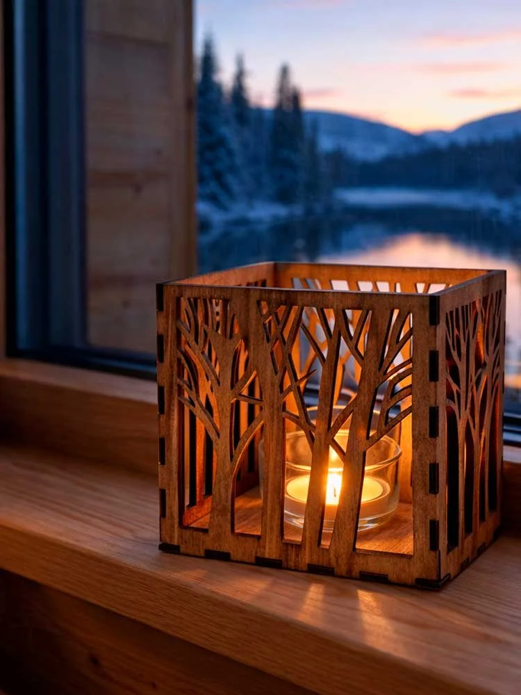 WOODSY – Ljuslykta med skogsmotiv i svenskt björkträ.