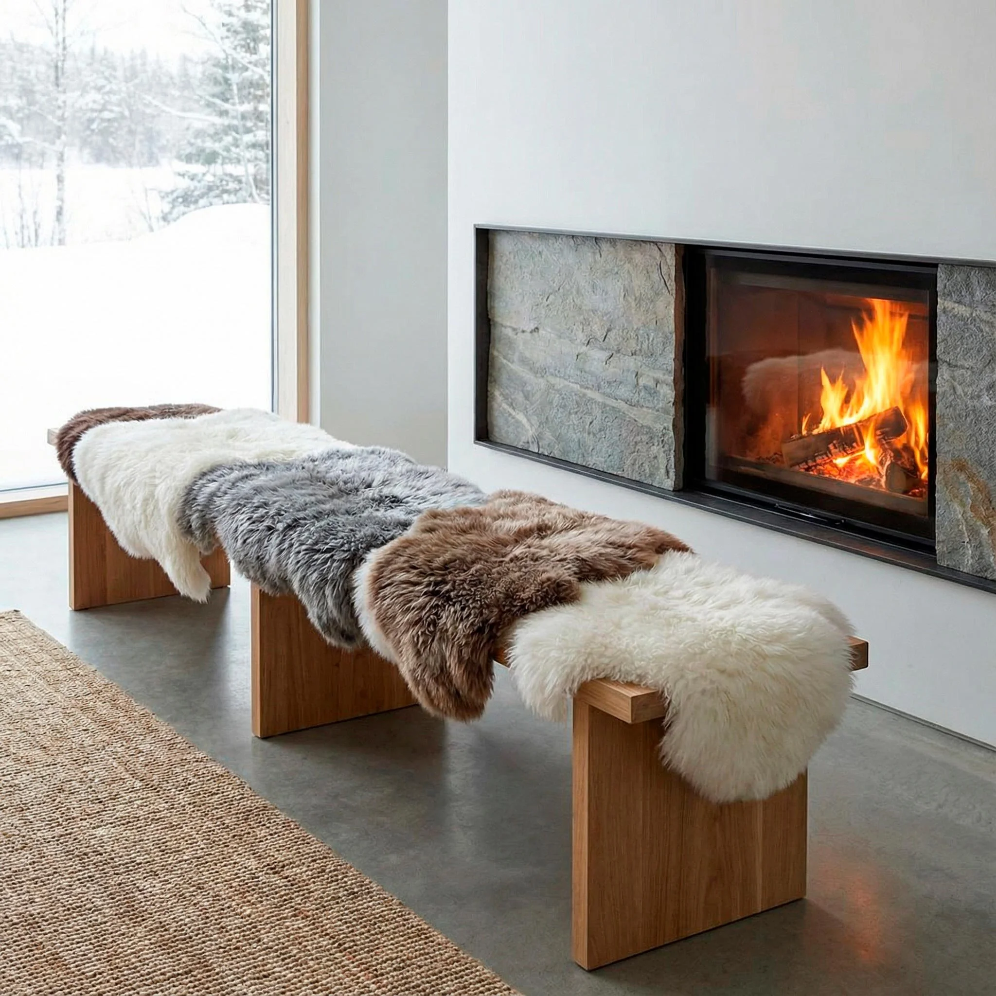 Träbänk med olika fårskinn i olika färger, framför en modern eldstad i ett vardagsrum.